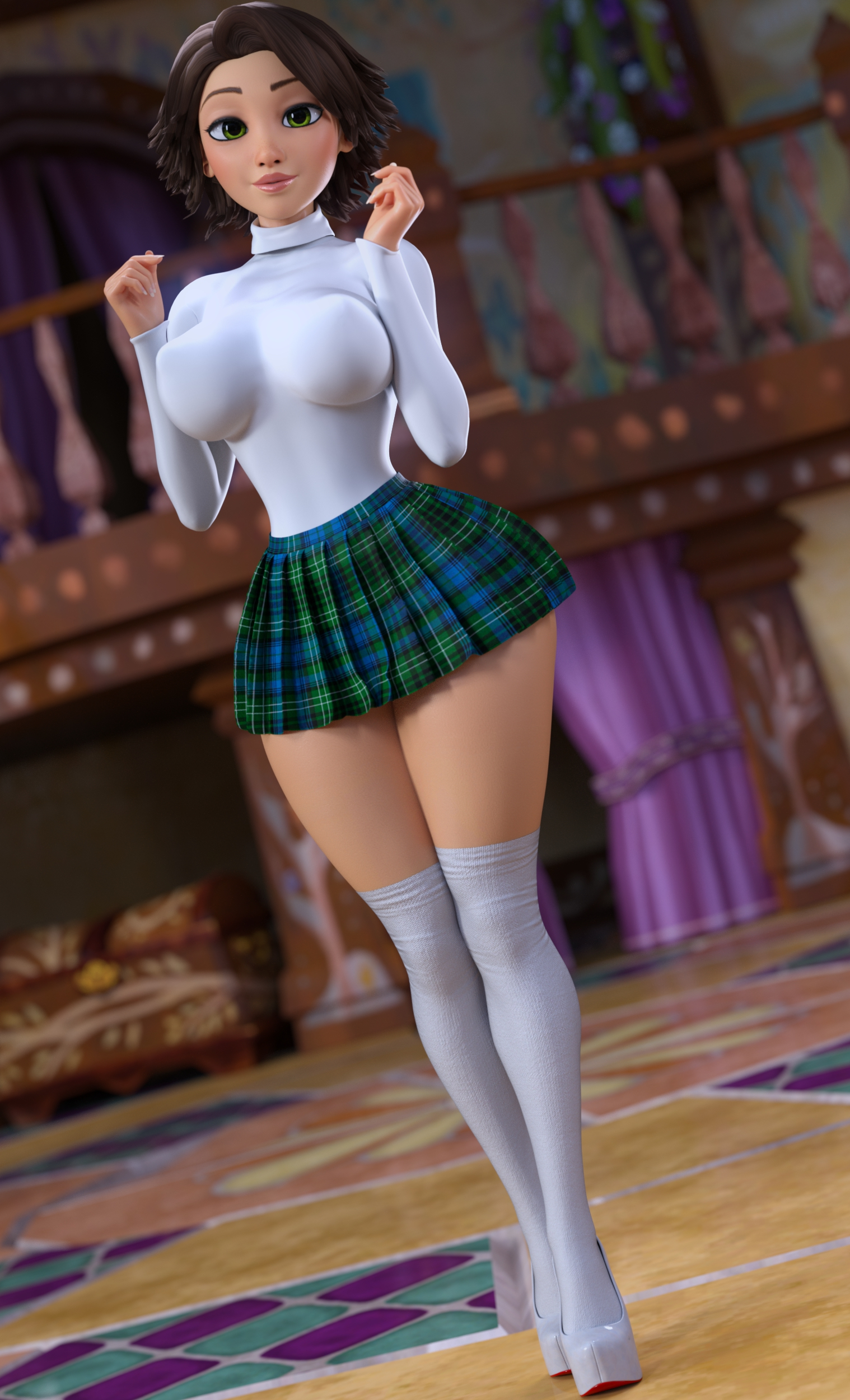 1girls, bimbo, disney, female, female only, french nails, high heels, high socks, looking at viewer, platform heels, rapunzel, ruidx, skirt, stockings, tagme, tangled, thighs, tight clothing