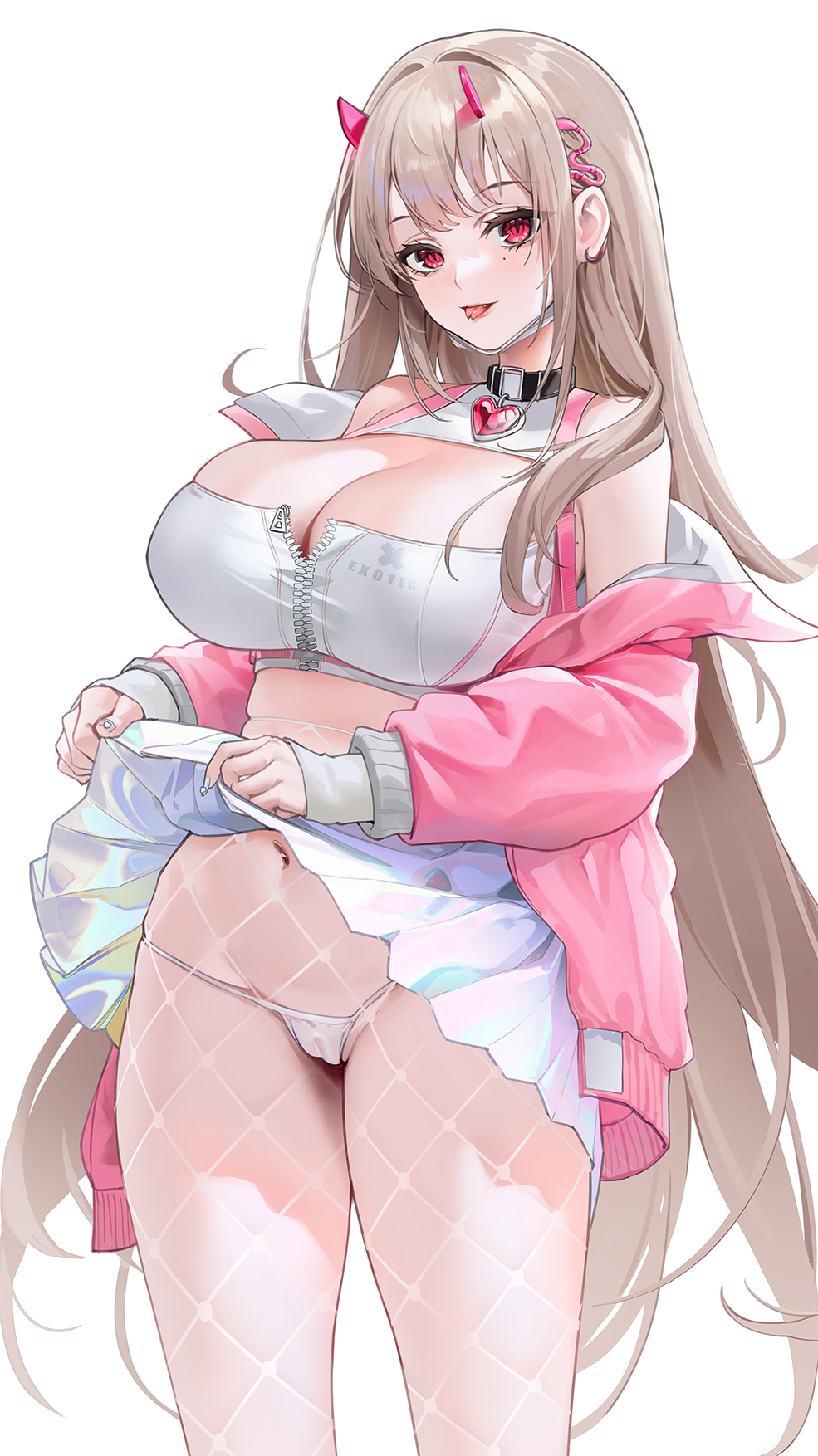 bare_shoulders blonde_hair blush breasts cameltoe choker cleavage cleavage_cutout clothes_lift clothing_cutout female fishnets goddess_of_victory:_nikke hair_ornament heart heart_choker highres large_breasts long_hair looking_at_viewer mole mole_under_eye navel panties pink_eyes skirt skirt_lift smile solo thighs tongue tongue_out underwear viper_(nikke) white_background white_panties white_skirt zhudouzi zipper zipper_pull_tab