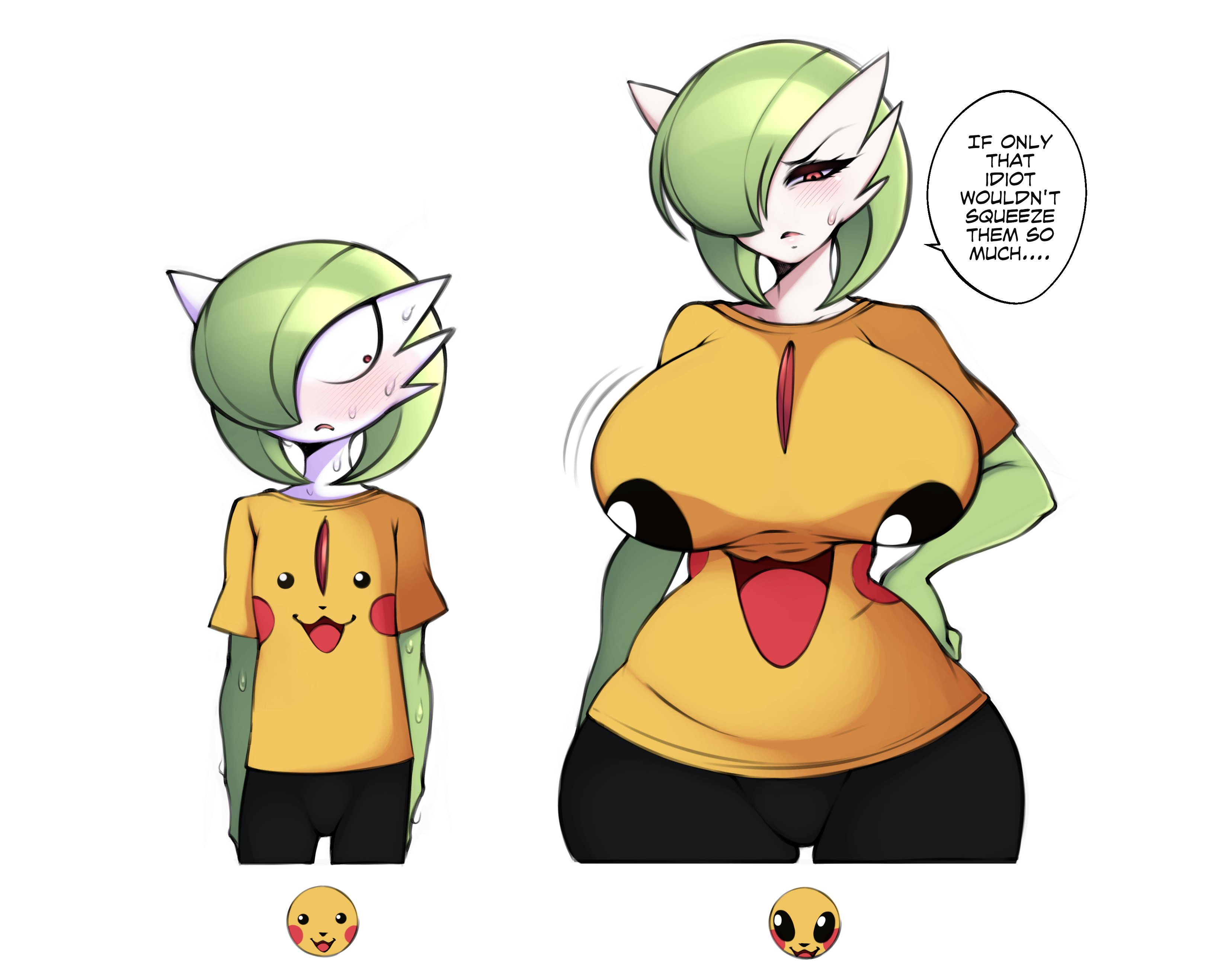 2girls, annoyed, ass, big ass, big breasts, breast envy, breast size difference, breasts, cleavage, english text, female, female pokemon, flat chest, gardevoir, generation 3 pokemon, green hair, huge ass, huge breasts, meme, nintendo, pokémon (species), pokemon, pokemon (species), pokemon only, saltyxodium, short hair, small breasts, t-shirt, text, thin waist, voluptuous, wide hips