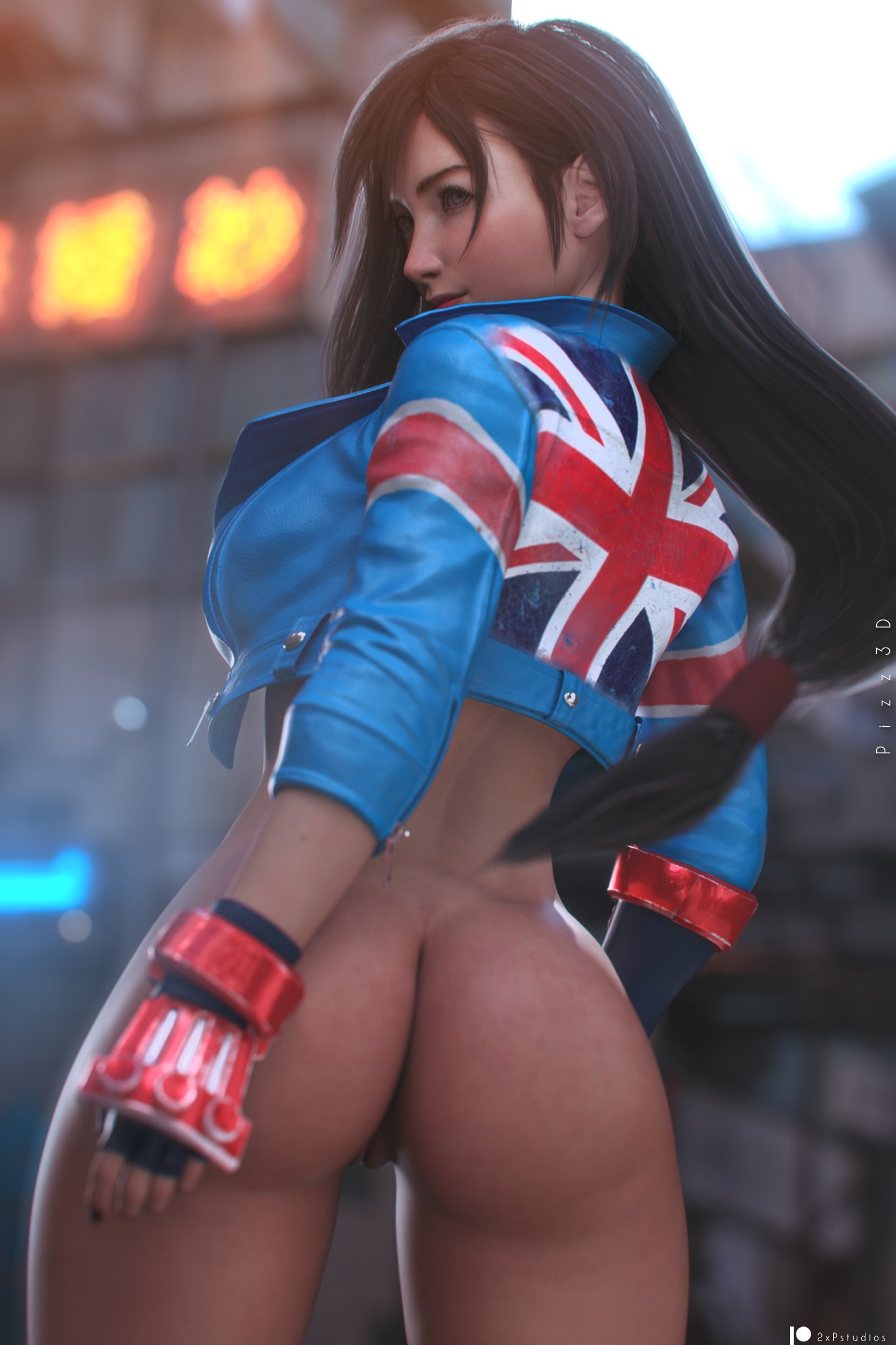 1girls 2xp_studios 3d ass black_hair british_flag cammy_white_(cosplay) female_focus final_fantasy final_fantasy_vii final_fantasy_vii_remake light-skinned_female no_panties pizz3d puzz3d solo solo_female tifa_lockhart