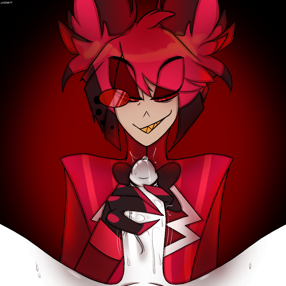 2boys, alastor (hazbin hotel), anon, artist request, commission, gay, handjob, hazbin hotel, male, male pov, pov, smiling, vivienne medrano, yaoi