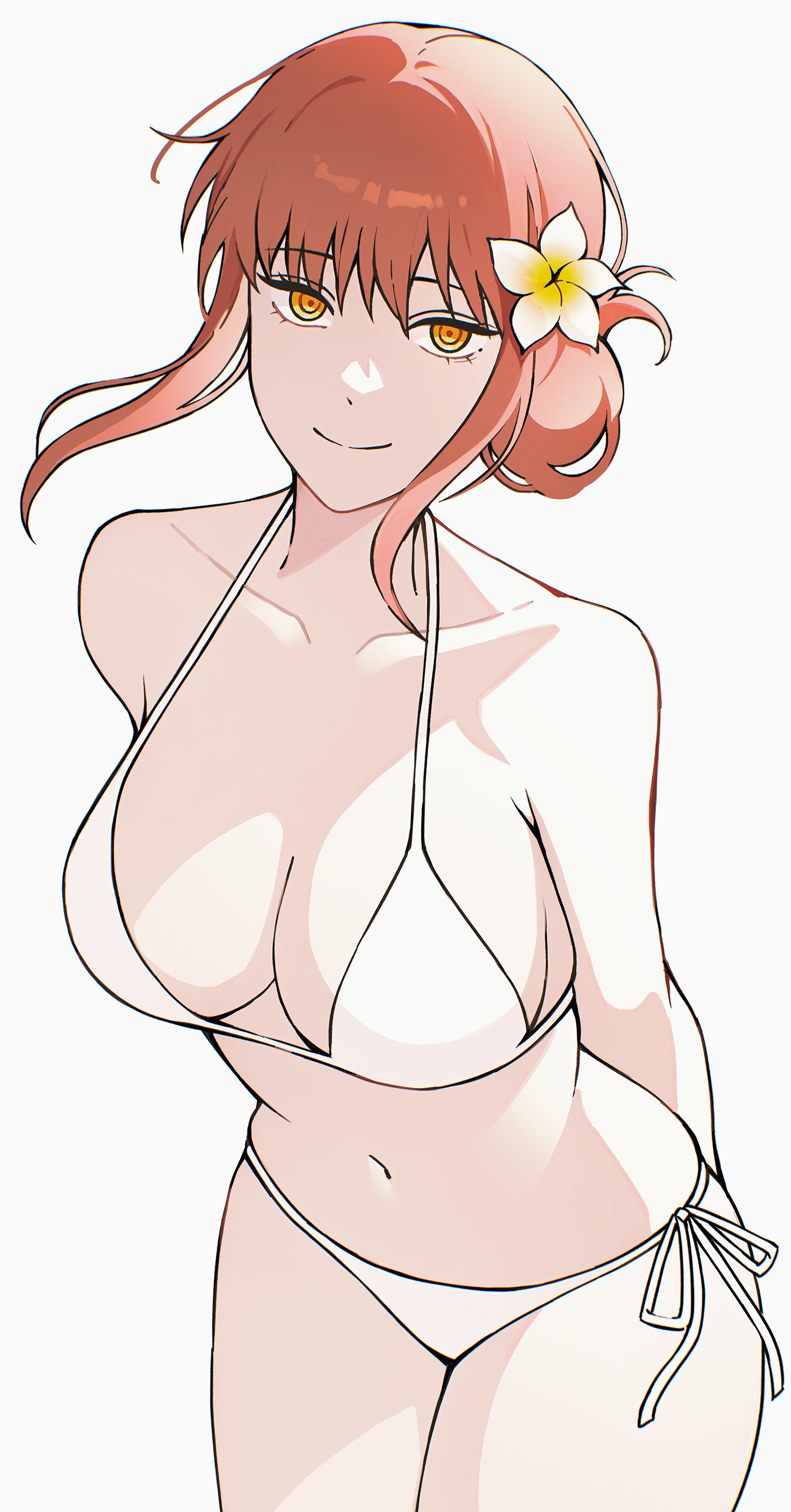 1girls, 2d, 2d (artwork), big breasts, bikini, breasts, chainsaw man, cleavage, collarbone, eyelashes, female, female only, flower in hair, leaning forward, light skin, light-skinned female, looking at viewer, makima (chainsaw man), navel, orange eyes, p2nki, partially clothed, red hair, side-tie bikini, smile, smiling, smiling at viewer, solo, solo female, swimsuit, thick thighs, white background, white bikini, white flower, white panties, yellow eyes, yellow flower