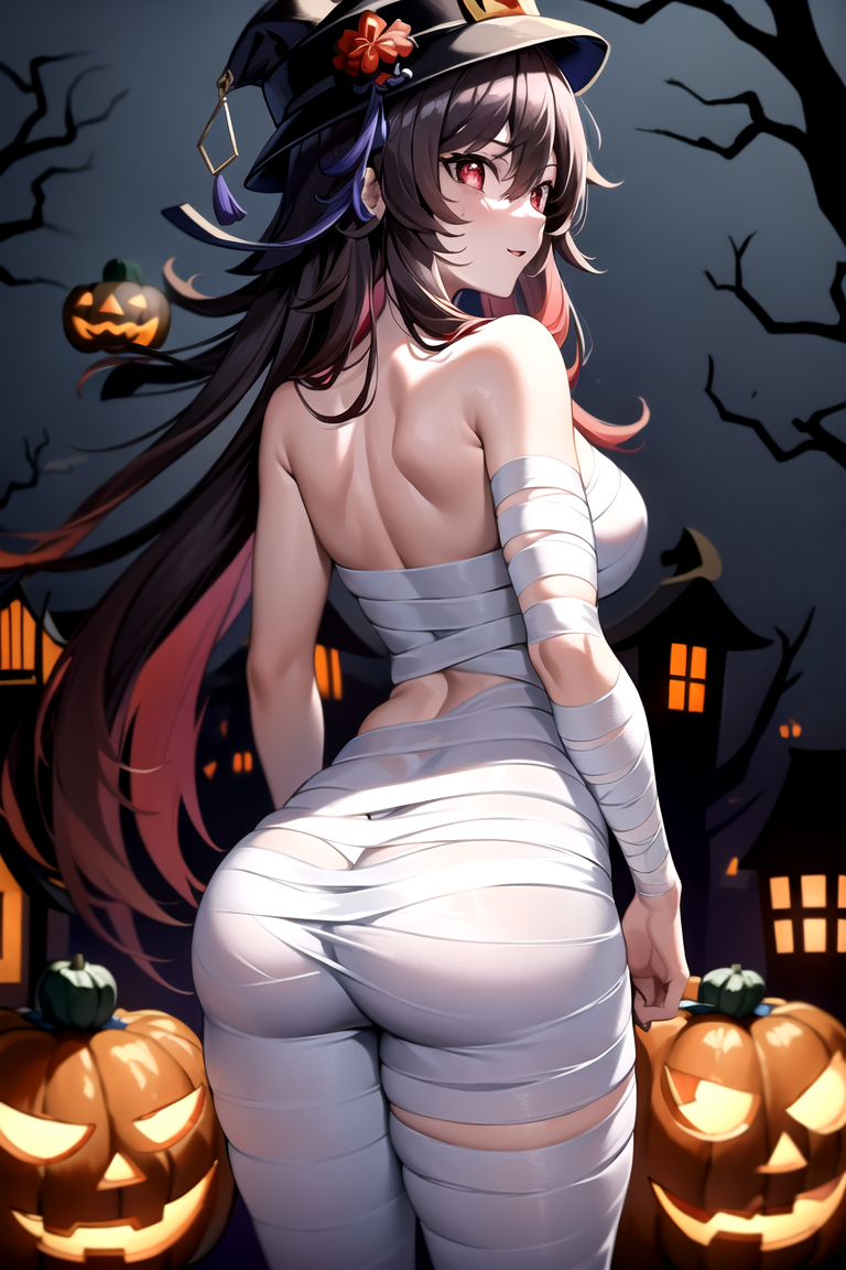 1girls, 2d, ai generated, alternate costume, ass, bare shoulders, blush, breasts, brown hair, female, female only, from behind, genshin impact, halloween, halloween costume, hat, hat ornament, hu tao (genshin impact), huge breasts, light skin, light-skinned female, long hair, looking at viewer, looking back, looking down, low-angle view, medium breasts, mihoyo, mummy costume, mummy wrappings, red eyes, shiny, shiny hair, shiny skin, sideboob, smile, solo, thick, thick ass, thick thighs, twintails, very long hair