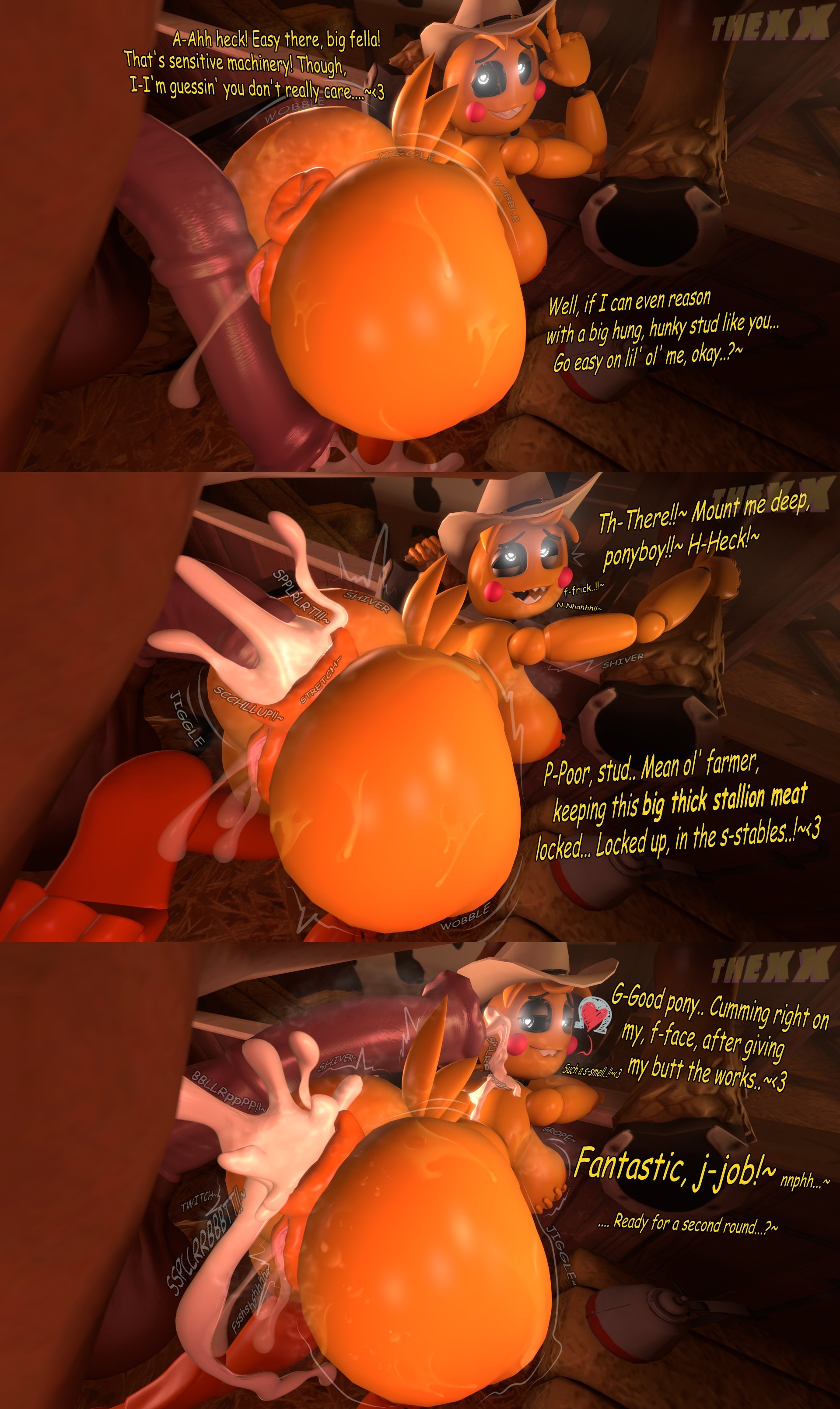 1boy, 1girls, 3d, 3d (artwork), anus, ass, big breasts, breasts, cum in ass, dialogue, female, feral, five nights at freddy's, five nights at freddy's 2, horse, horsecock, lovetaste chica, male, penis, pussy, quadruped, scottgames, straight, tagme, text, thexxmixx, toy chica (fnaf), toy chica (love taste), zoophilia