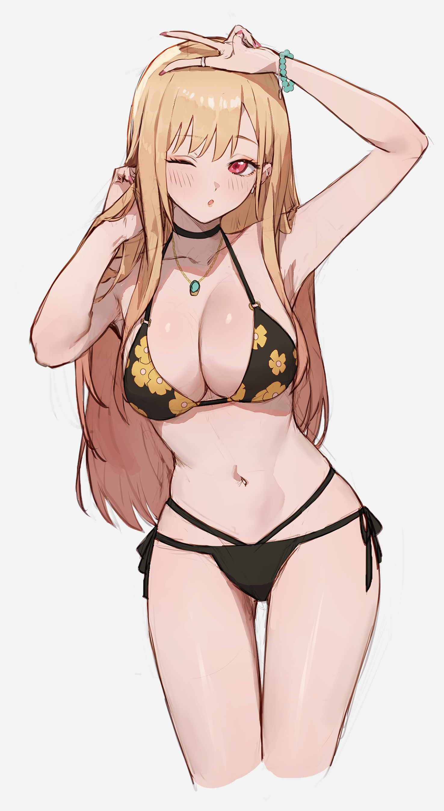 ;o, 1girls, arm up, bikini, black bikini, blonde hair, blush, breasts, choker, cleavage, colored nails, female, gyaru, jewelry, kitagawa marin, large breasts, long fingernails, midriff, necklace, one eye closed, peace sign, red eyes, side-tie bikini, solo, sono bisque doll wa koi wo suru, sooon, swimsuit, thighs, v