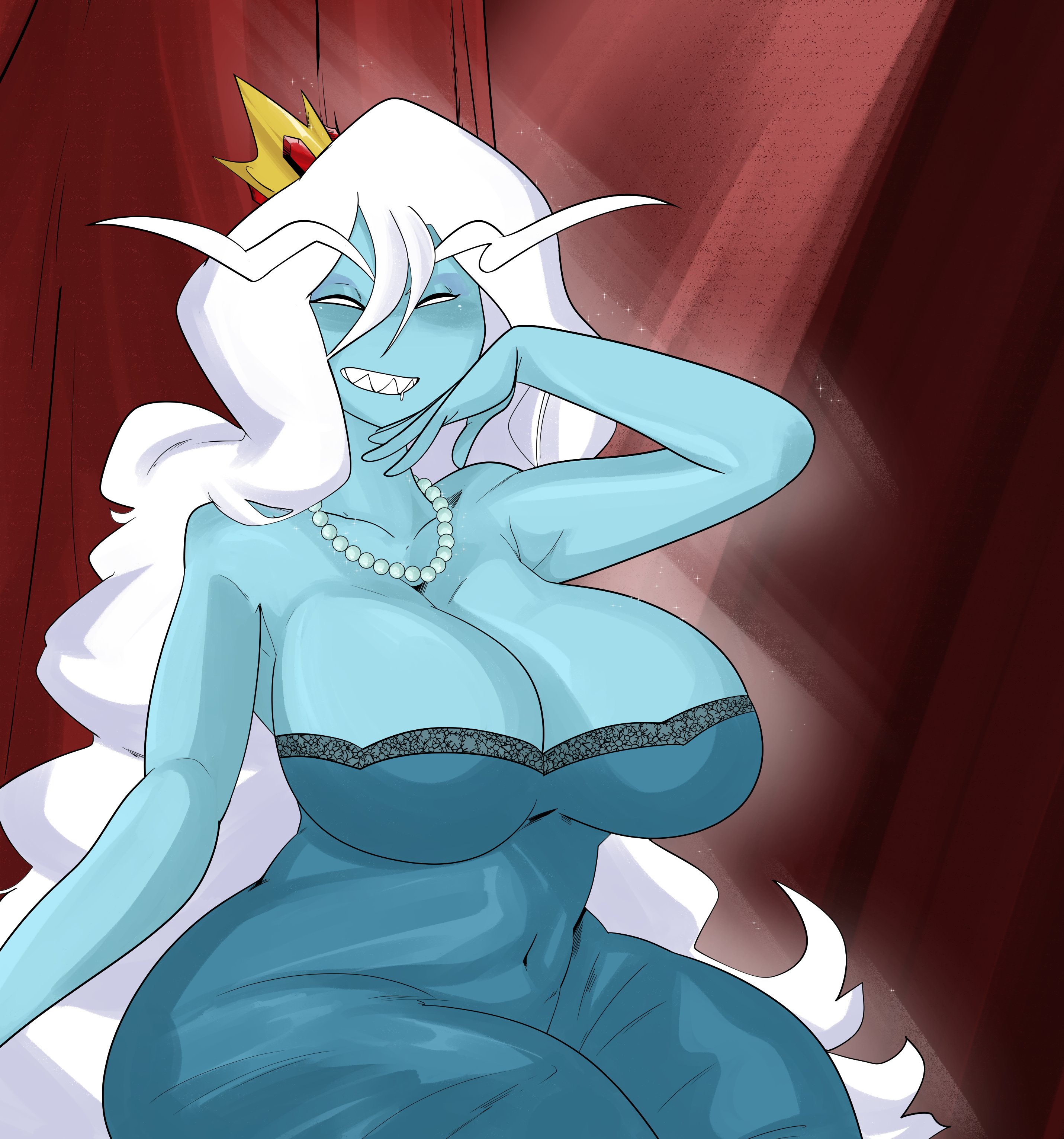 1girls, adventure time, big breasts, blue body, breasts, dress, female, giantess, ice queen (adventure time), slugman (artist), thick thighs