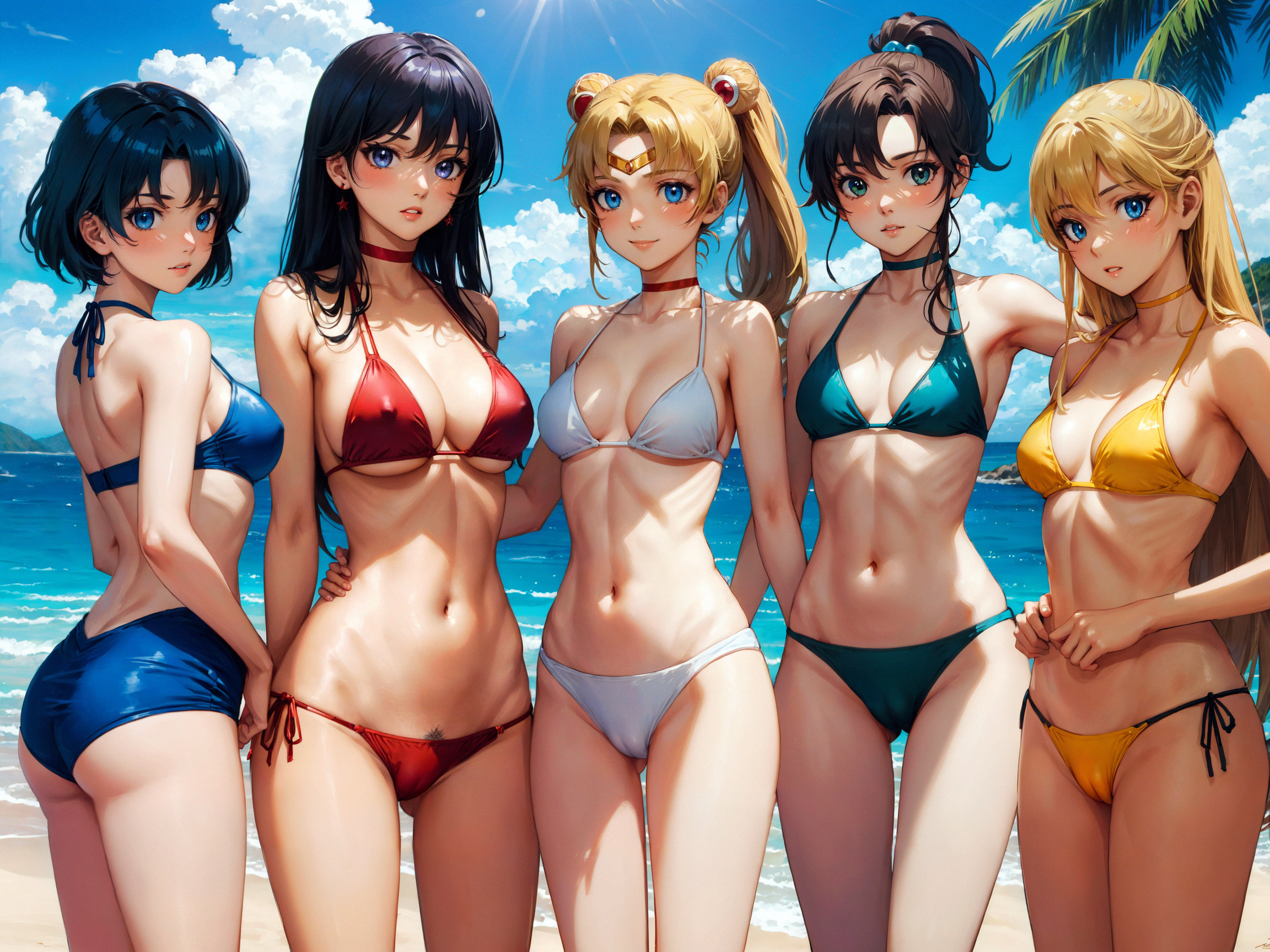 5girls, ai generated, ami mizuno, beach, bikini, bishoujo senshi sailor moon, black hair, blonde hair, blue bikini, blue eyes, blue hair, blush, breasts, brown hair, cameltoe, female, female only, green bikini, green eyes, long hair, lowleg, lowleg bikini, makoto kino, minako aino, multiple females, multiple girls, ponytails, pubic hair, pubic hair peek, pussy, red bikini, rei hino, sailor jupiter, sailor mars, sailor mercury, sailor moon, sailor venus, short hair, small breasts, smile, standing, swimsuit, usagi tsukino, white bikini, yellow bikini
