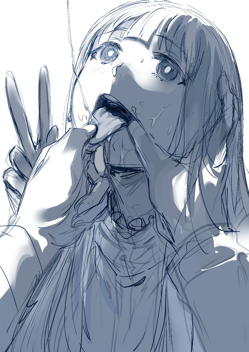 1girls, 1other, ambiguous gender, ambiguous pov, bangs, blush, clothed, clothing, commentary, english commentary, female, fern (sousou no frieren), greyscale, hews hack, highres, holding tongue, long hair, looking up, monochrome, mouth hold, mouth open, open mouth, peace sign, pov, saliva, saliva trail, sketch, solo focus, sousou no frieren, tongue, tongue out, upper body