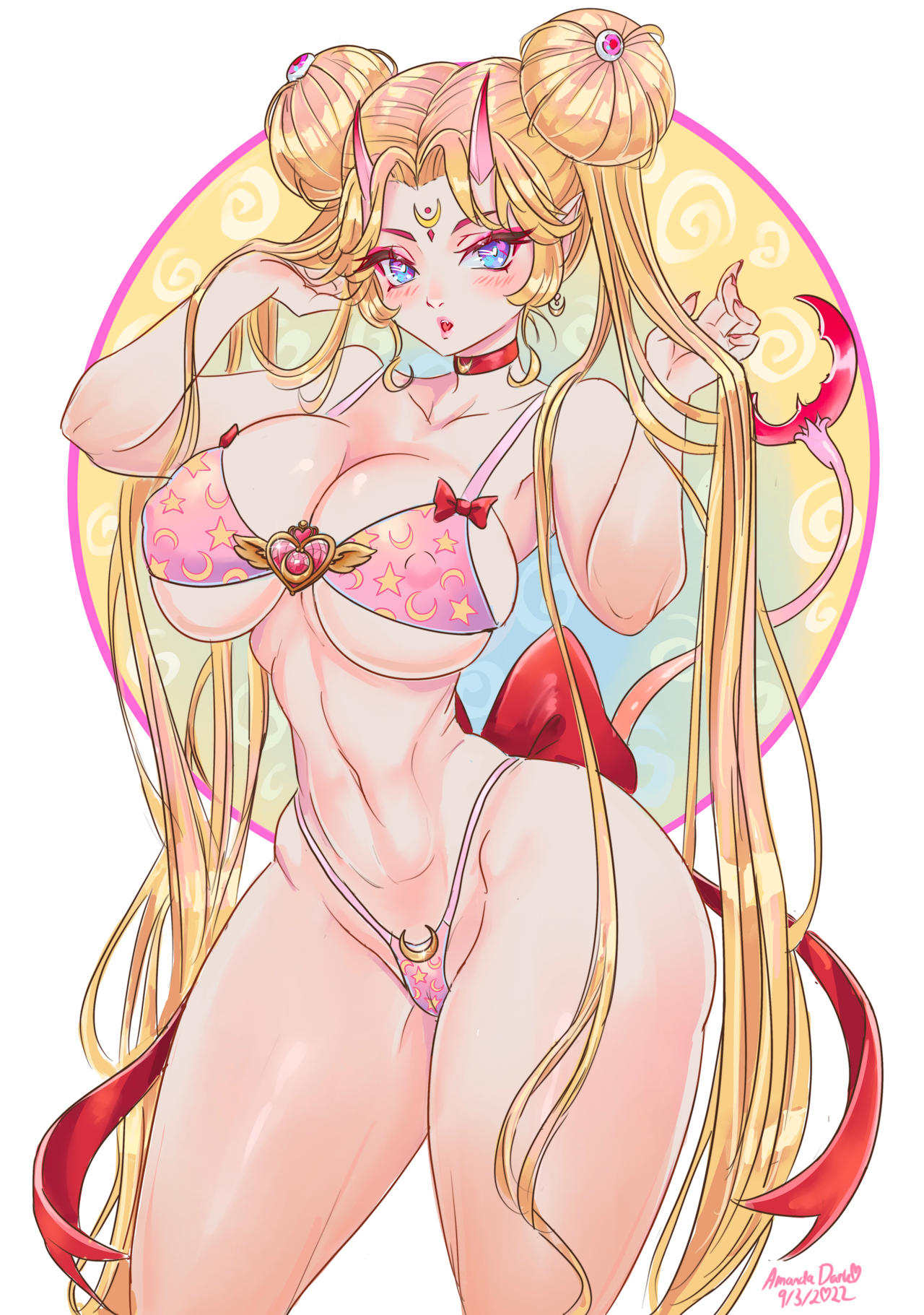 1girls alternate_species amandadarko ass big_ass bishoujo_senshi_sailor_moon blonde_hair bow bra breasts choker female female_only large_breasts long_hair looking_at_viewer makeup nipples oni oni_horns pale_skin panties rear_view simple_background solo thick_thighs usagi_tsukino wide_hips