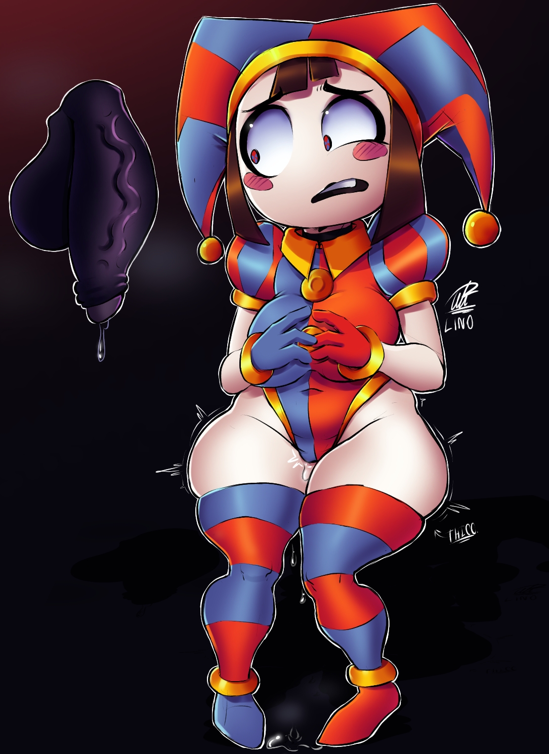 2023, 2d, 2d (artwork), 2d artwork, aroused, balls, big breasts, big thighs, breasts, brown hair, busty, clothes, disembodied penis, embarrassed, female, female focus, flaccid, flaccid penis, glitch productions, gloves, gooseworx, hourglass figure, jester, jester cap, jester costume, jester girl, jester hat, jester outfit, leotard, light skin, light-skinned female, looking at penis, male, navel, pale skin, pale-skinned female, penicilino123, penis, pepitocuario123, pomni, pomni (the amazing digital circus), purple penis, pussy, pussy juice, pussy juice drip, smaller female, straight, tagme, testicles, the amazing digital circus, thighhighs, veiny penis, wet pussy, wide hips