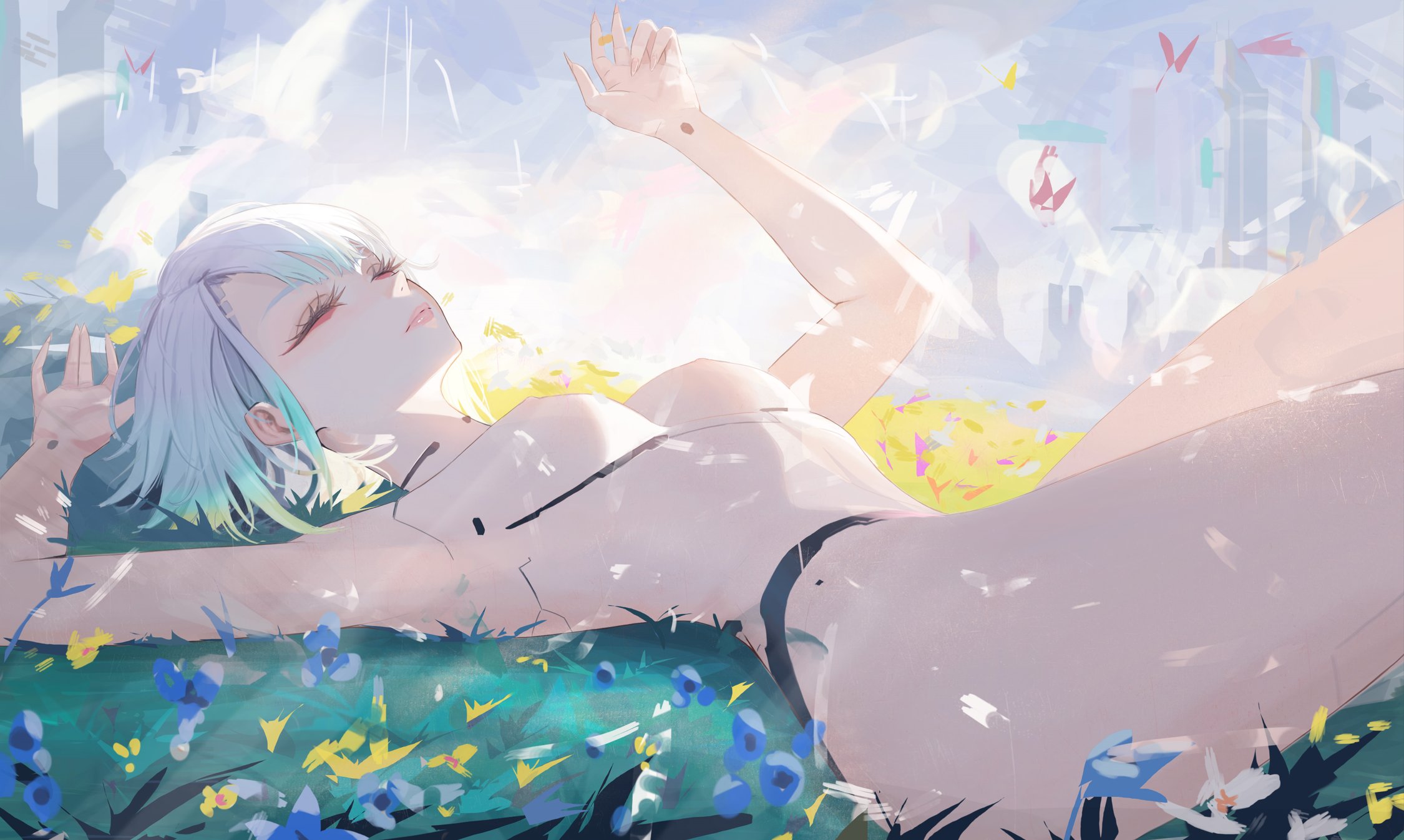 1girls, artistic nude, asian, asian female, casual, cd projekt red, cyberpunk: edgerunners, female, female only, light skin, light-skinned female, lucyna kushinada, neorarty3, nude, outdoors, studio trigger, tasteful nudity