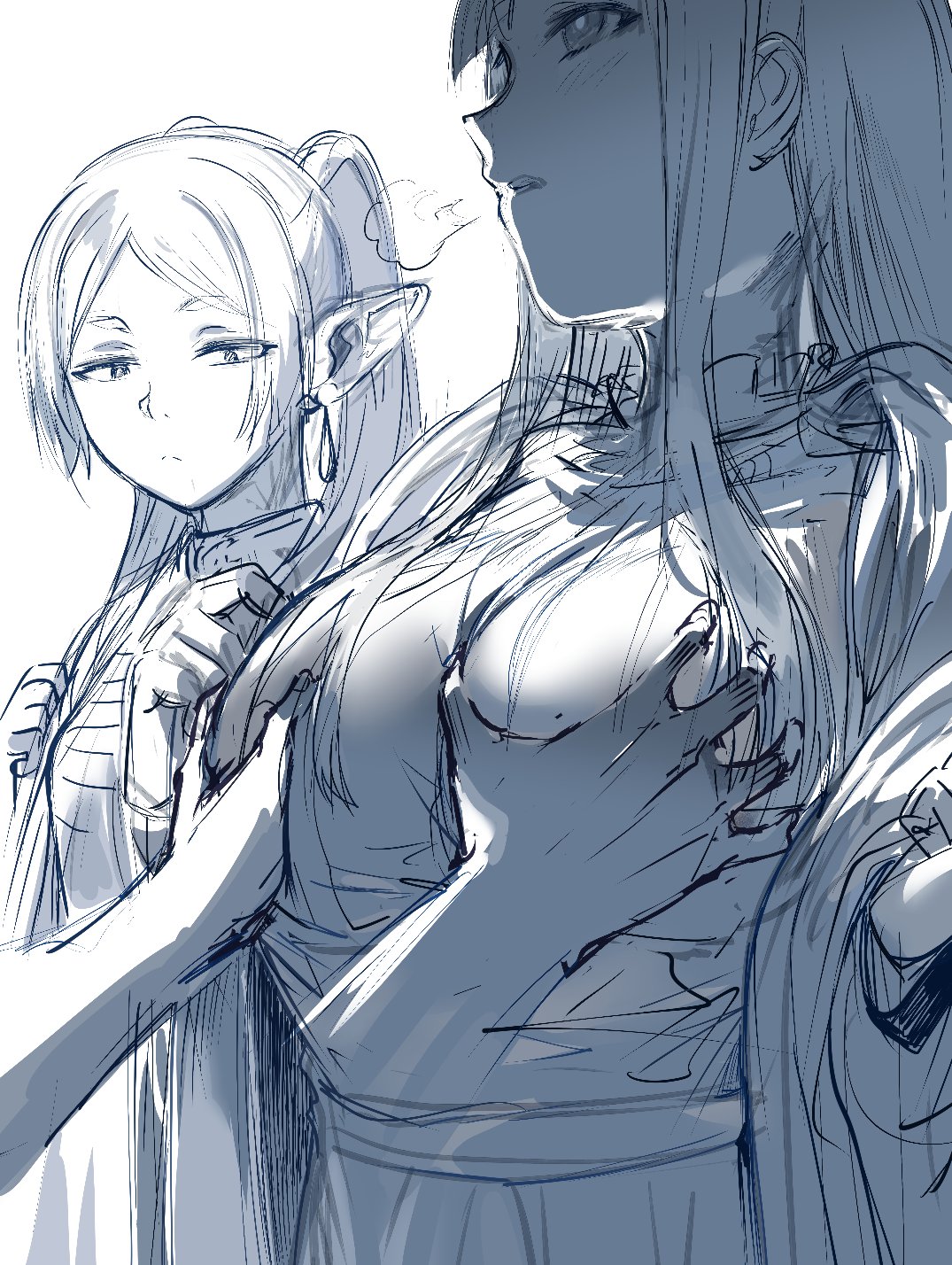2girls, blunt bangs, breast envy, breasts, disembodied limb, earrings, elf, female, fern (sousou no frieren), frieren, grabbing, grabbing another's breast, hews hack, highres, jewelry, large breasts, long hair, long sleeves, monochrome, multiple females, multiple girls, open mouth, parted bangs, pointy ears, sidelocks, sketch, small breasts, sousou no frieren, twintails