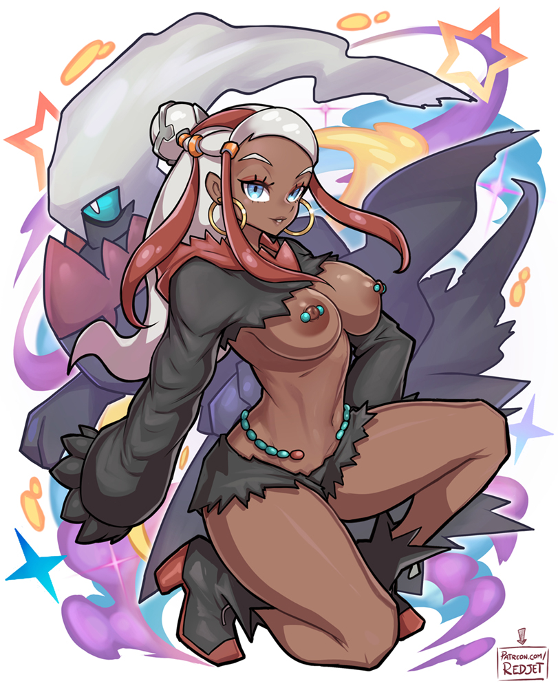 1girls, alternate color, alternate costume, alternate hairstyle, barely clothed, blue eyes, boots, breasts, breasts out, busty, clothed, cosplay, dark skin, dark-skinned female, darkrai, darkrai (cosplay), earrings, fantasy, female, generation 4 pokemon, girly, gym leader, hoop earrings, legendary pokemon, nessa (pokemon), nintendo, nipple piercing, pierced nipples, piercing, pokemon, pokemon (cosplay), pokemon (species), pokemon dppt, pokemon ss, red hair, redjet, two-tone hair, white hair