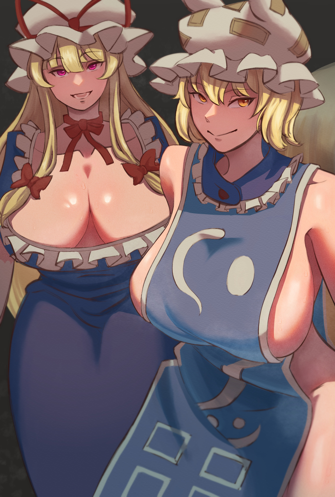 2d, 2girls, big breasts, blonde hair, breasts, cleavage, curvaceous, dessa (artist), dress, female, fox ears, hat, hips, hourglass figure, long hair, naked tabard, open mouth, pink eyes, ran yakumo, short hair, sideboob, smile, source, standing, tabard, take your pick, thick hips, thick thighs, thighs, touhou, yellow eyes, yukari yakumo