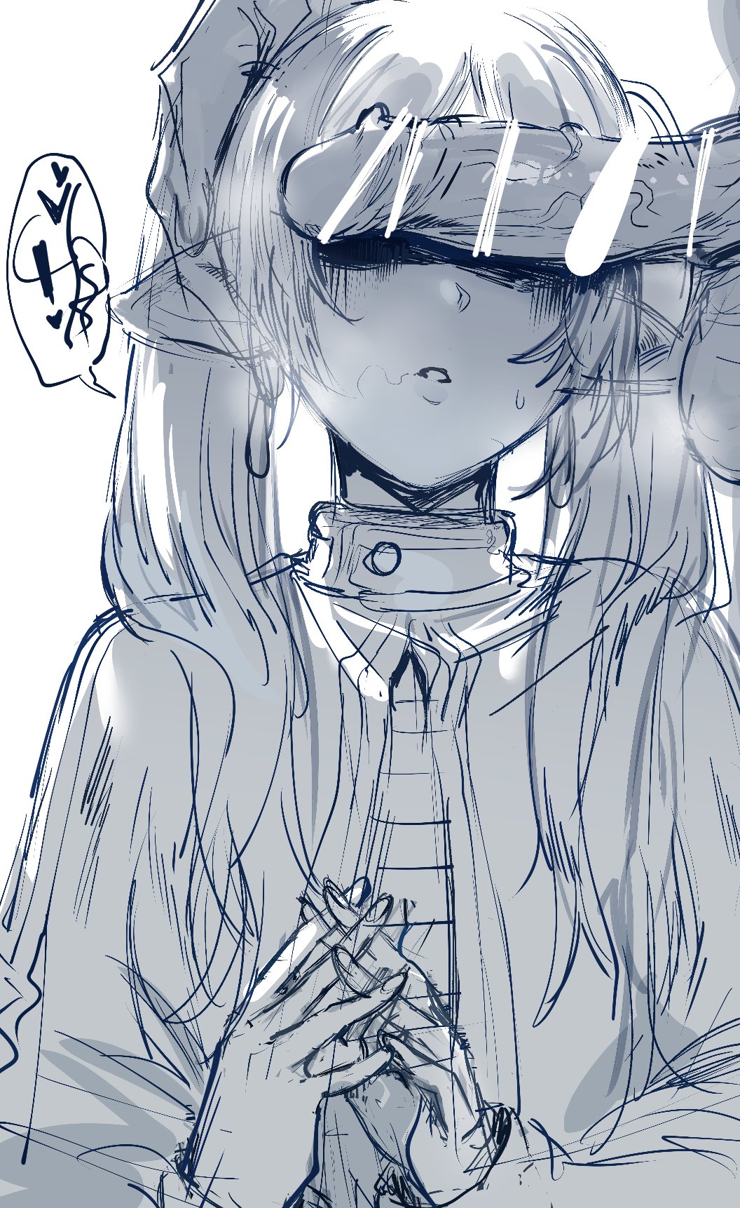 1boy, 1girls, bar censor, censored, clothed, clothed female, clothes, clothing, earrings, elf, female, frieren, greyscale, hews hack, highres, jewelry, long hair, male, monochrome, penis, penis awe, penis on face, pointy ears, simple background, sketch, sousou no frieren, steam, straight, stray pubic hair, sweat, twintails, white background