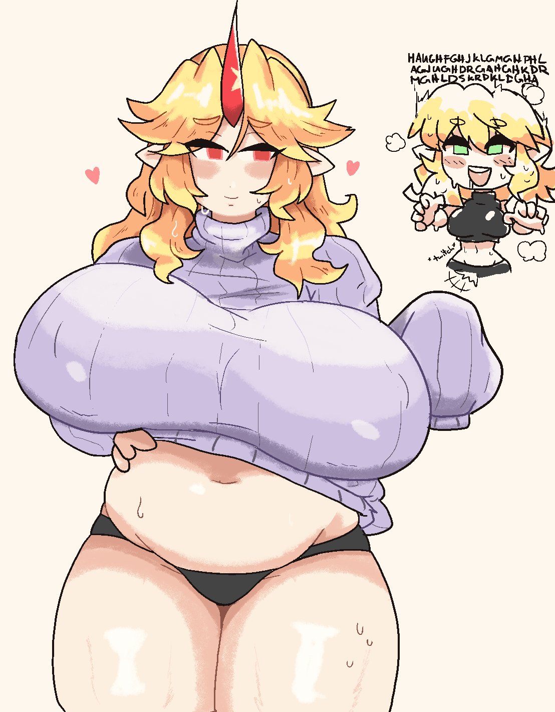 2girls belly big_breasts breasts green_eyes hand_on_belly hearts_around_head horn hoshiguma_yuugi long_hair mizuhashi_parsee notnoe_(dxcl) panties purple_sweater red_eyes red_horn sweater thick_thighs thighs topwear touhou yellow_hair