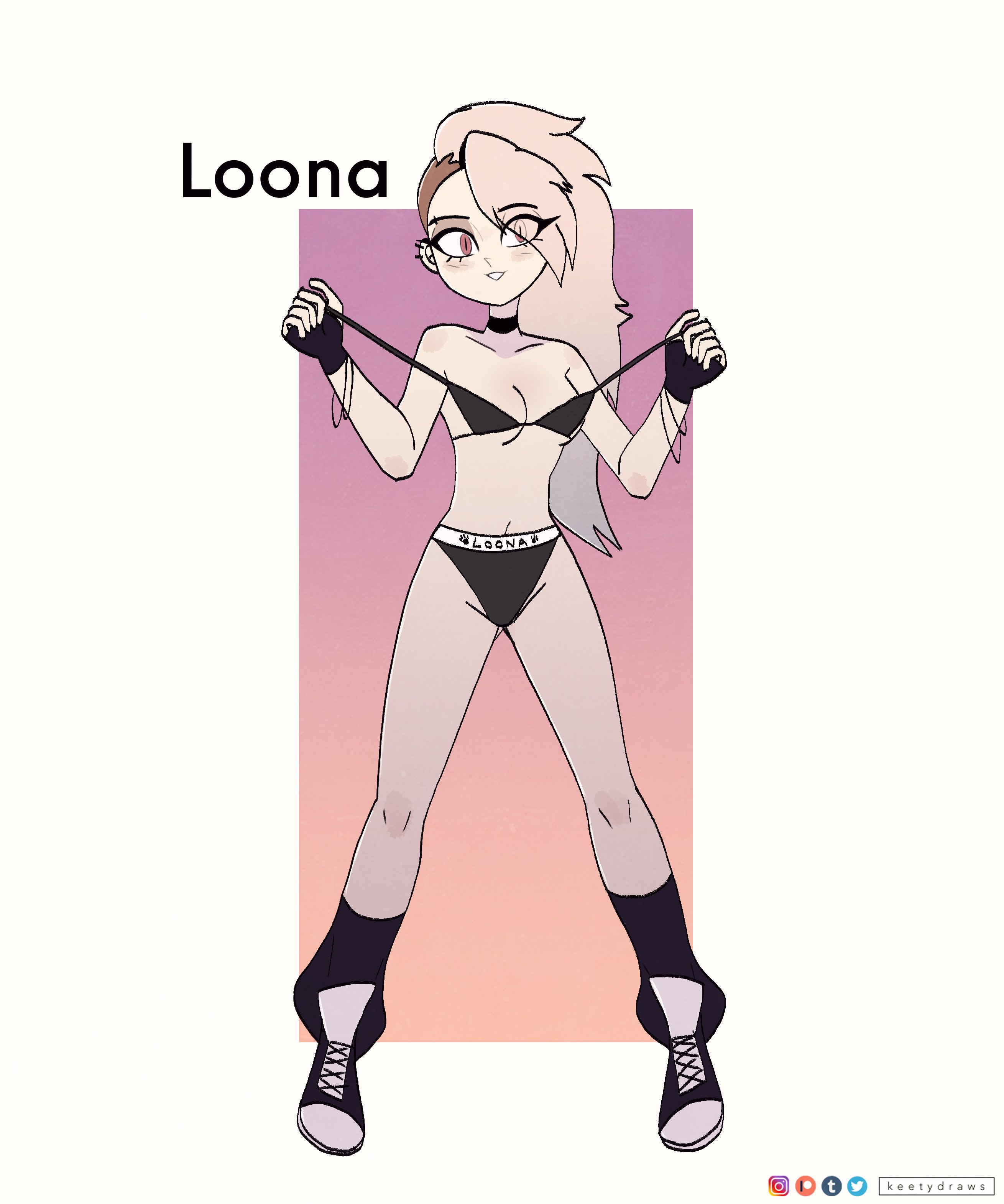 1girls, bikini, bikini top, female, female artist, female only, fingerless gloves, gloves, helluva boss, human, human loona, kt-draws, loona (helluva boss), midriff, pale skin, red eyes, shaved side, shoes, solo, white hair
