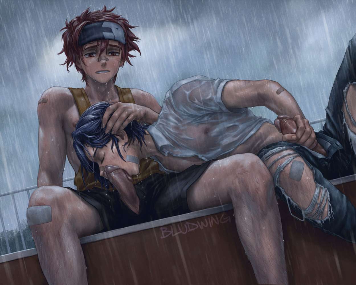 bandage bludwing blue_hair gay hand_in_pants holding_penis langa_hasegawa licking_penis male_only raining red_hair reki_kyan ripped_jeans sucking_penis touching_hair white_shirt yaoi