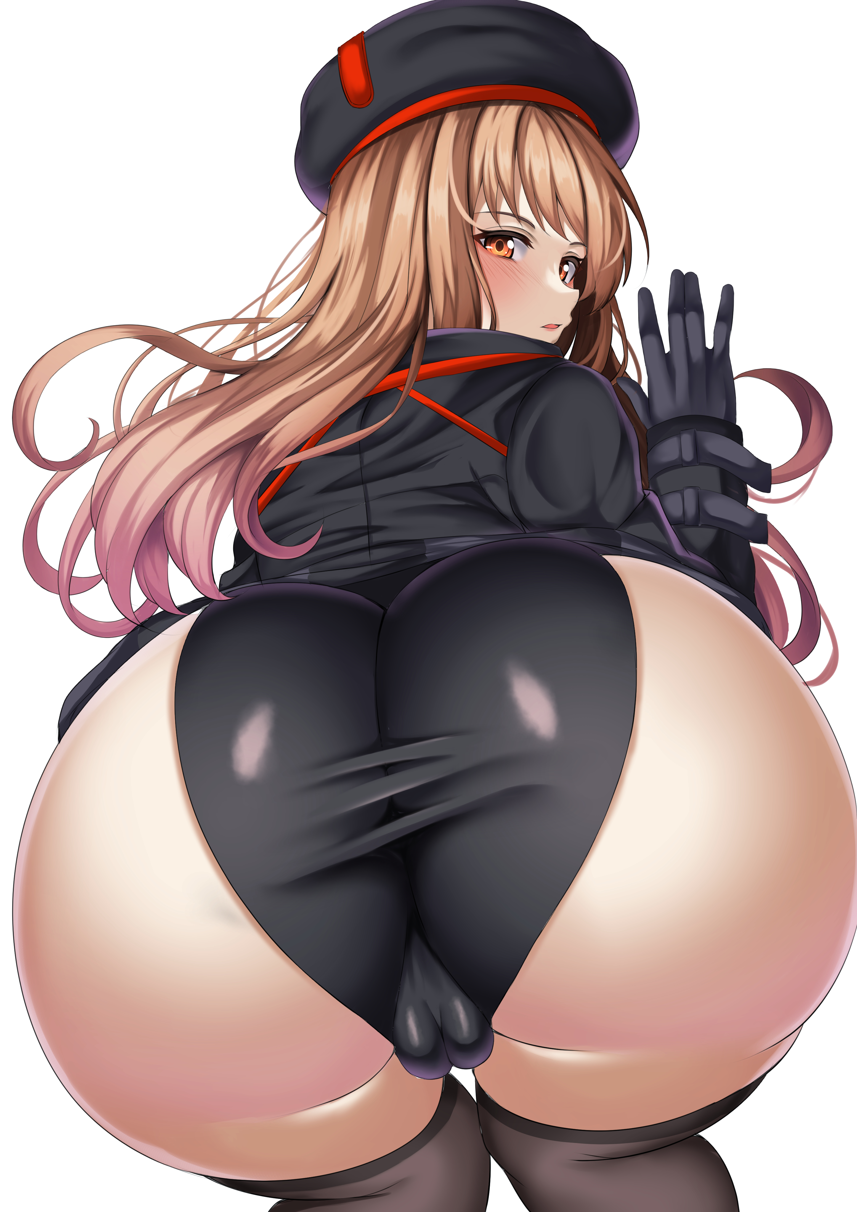 all fours, ass, ass focus, beret, black footwear, black gloves, black headwear, black jacket, black leotard, black thighhighs, blush, brown hair, cropped jacket, female, from behind, gloves, goddess of victory: nikke, hat, highleg, highleg leotard, highres, huge ass, jacket, leotard, long hair, long sleeves, looking at viewer, looking back, open mouth, parapetto, pouch, rapi (nikke), shiny clothes, shiny skin, simple background, skindentation, solo, thighhighs, thighs, white background, wide hips