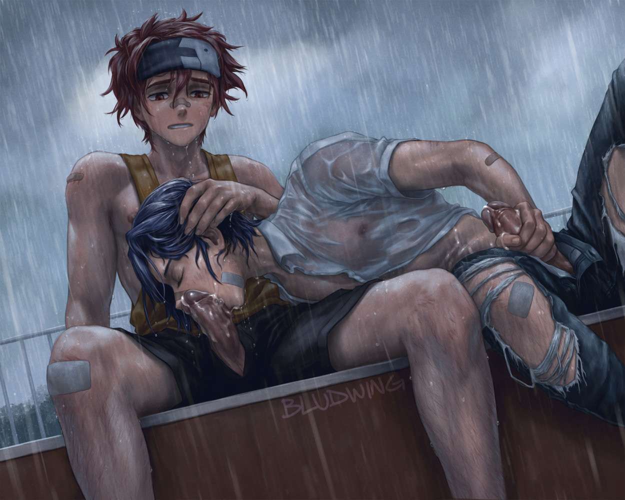 bandage bludwing blue_hair blush cum cum_in_mouth gay headband langa_hasegawa male_only raining red_hair reki_kyan ripped_jeans sucking_penis white_shirt yaoi