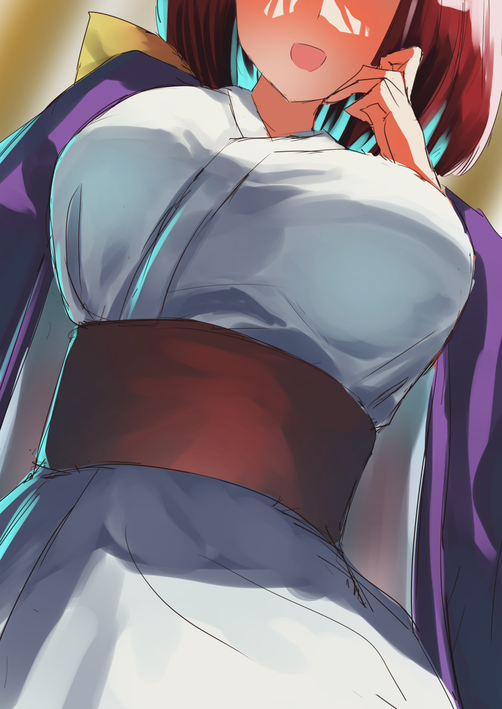 1girls 2d big_breasts blush breasts breasts_focus female hair_ribbon hairbow hand_on_cheek junihitoe kimono kotohime kotohime_(touhou) open_mouth police_officer princess red_belt red_hair royalty smile source standing teruteru12 tied_hair touhou touhou_(pc-98) white_kimono