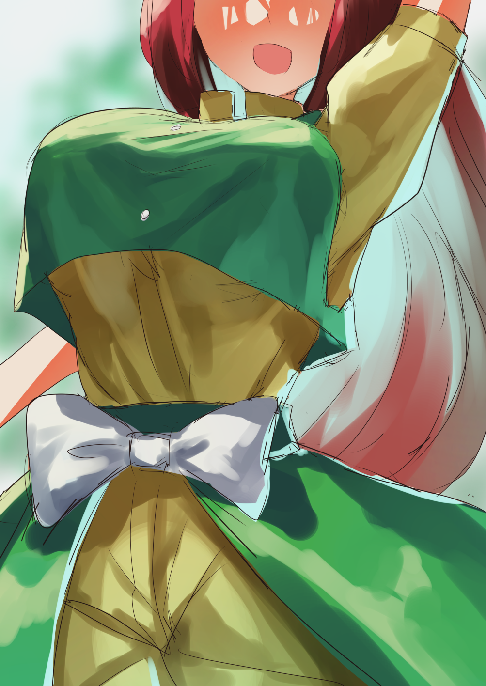 1girls 2d big_breasts blush breasts breasts_focus female green_skirt green_vest hand_up long_hair open_mouth orange_(touhou) red_hair red_hair short_skirt smile source standing teruteru12 tied_hair touhou touhou_(pc-98) white_bow yellow_shirt yellow_shorts