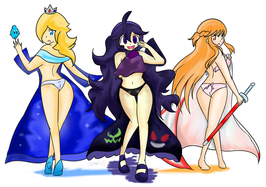 2016 3girls ass back back_view barefoot black_panties blonde_hair blue_eyes blush bra cape clothed clothing crossover crown dress female female_only game_freak heels hex_maniac light-skinned_female light_skin long_hair luma mario_(series) navel nintendo orange_eyes orange_hair panties partially_clothed partially_nude pink_panties pokemon pokemon_xy princess_rosalina purple_eyes purple_hair shoes super_mario_galaxy sword sword_art_online topless topless_female transparent_background white_panties xero-j yuuki_asuna