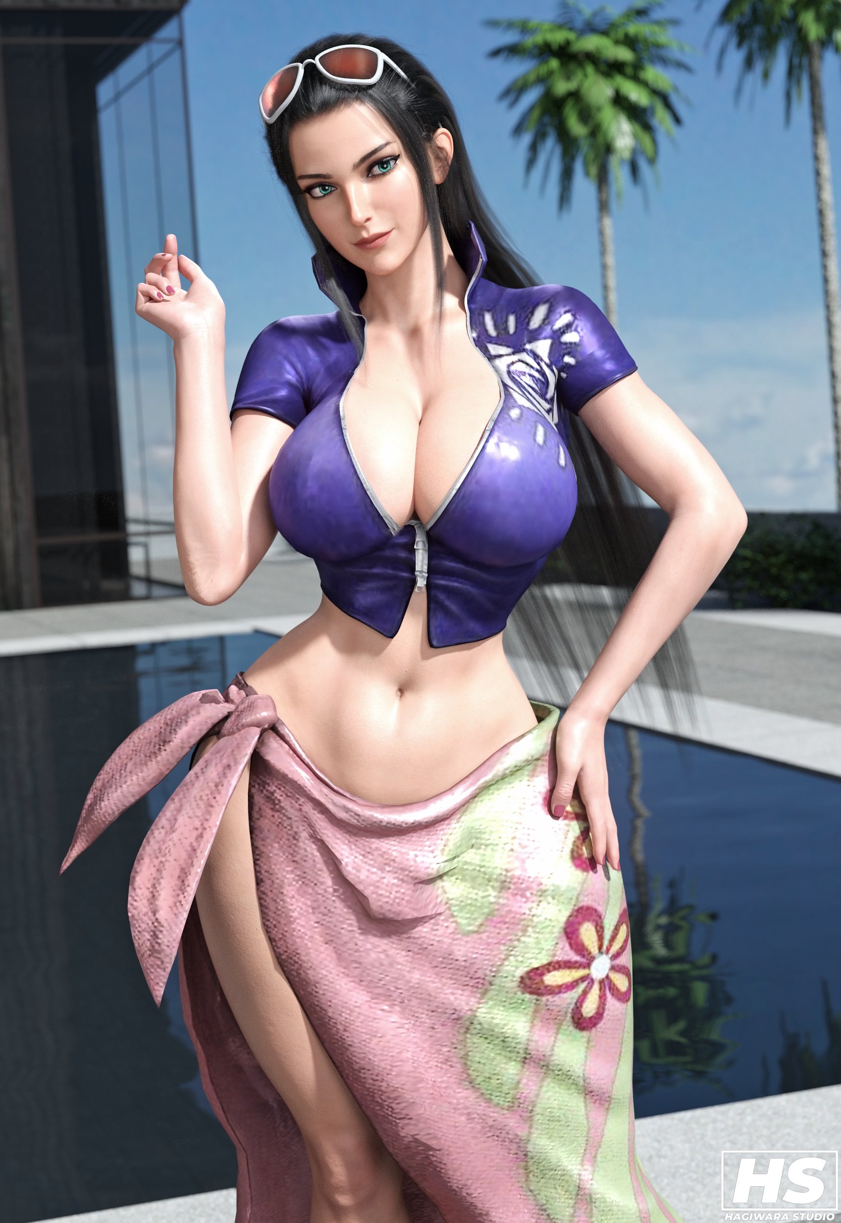 3d, big breasts, black hair, blue eyes, breasts, cleavage, eyewear on head, female, female only, hagiwara studio, large breasts, lipstick, long hair, looking at viewer, nico robin, one piece, post-timeskip, sarong, skirt, sunglasses, sunglasses on head, tagme, thick thighs