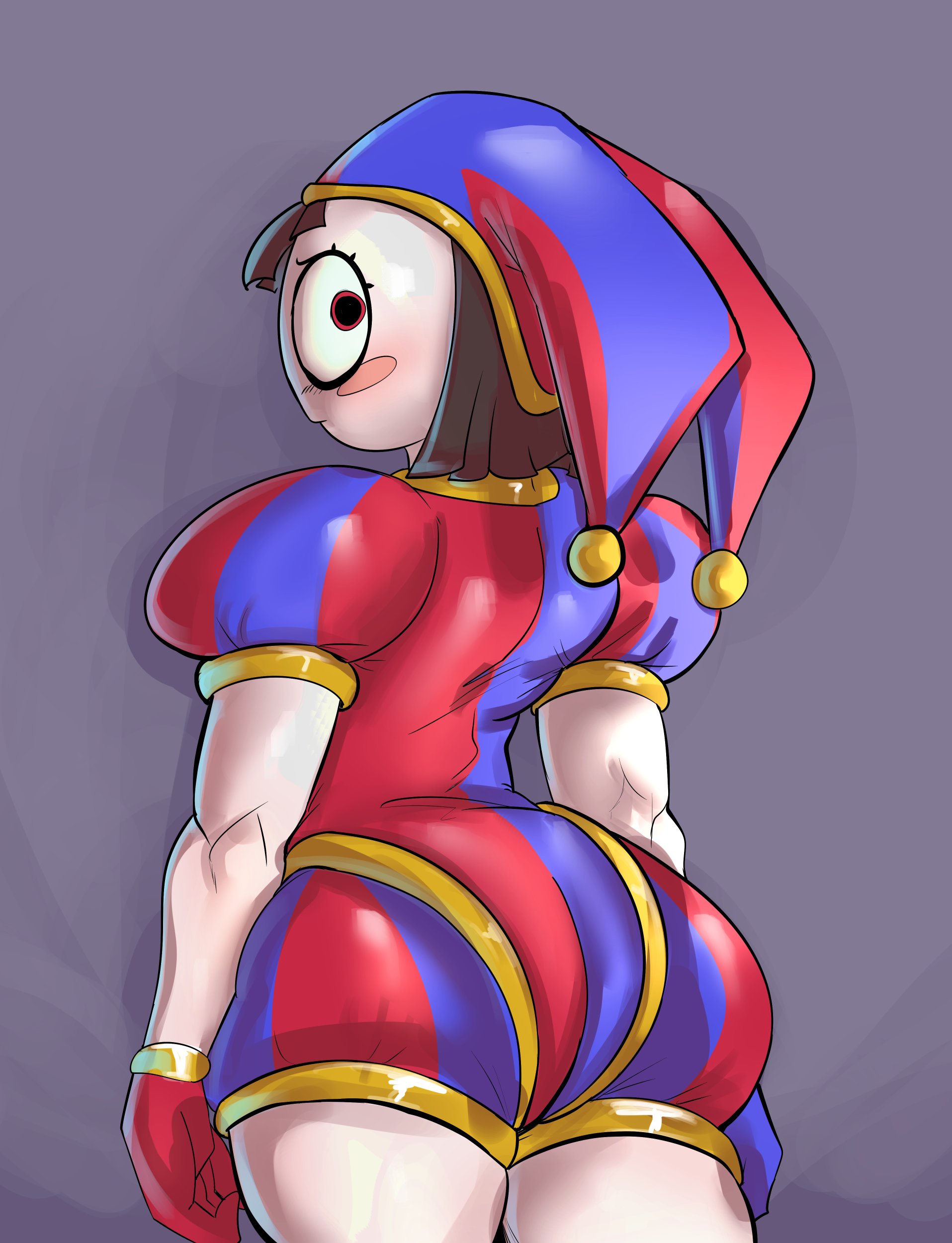 1girls, 2023, 2d, 2d (artwork), 2d artwork, ass, big ass, brown hair, clothes, clothing, female, female only, glitch productions, gooseworx, jester costume, jester hat, jester outfit, looking, looking back at viewer, pomni, pomni (the amazing digital circus), solo, tagme, the amazing digital circus, thedarkzircon