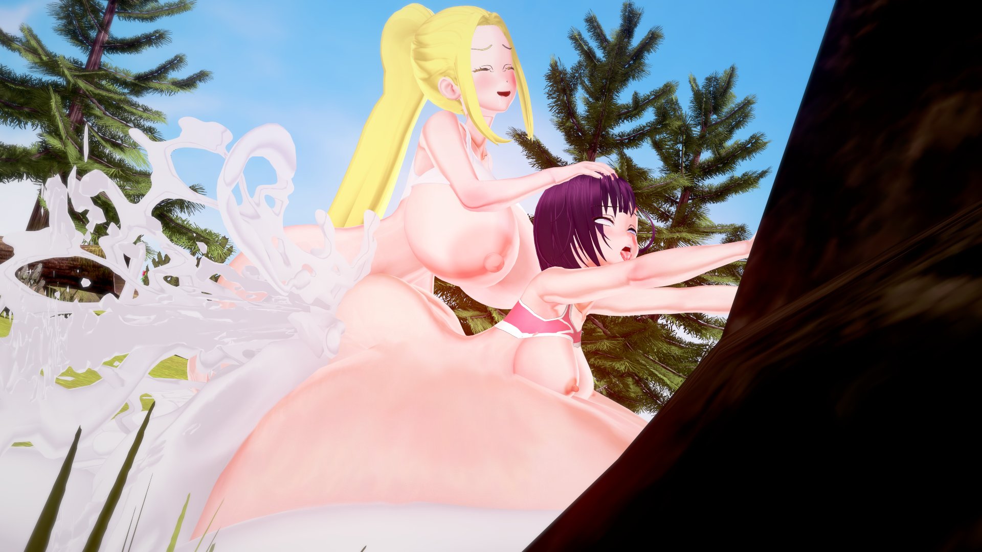 1futa, 1girls, 3d, beatrix amerhauser, big belly, breasts, camtri, cum, cumflation, excessive cum, female, futa on female, futanari, gigantic penis, huge breasts, hyper penis, inflation, intersex, koikatsu, mikazuki shizuka, penis, tagme, zom 100: zombie ni naru made ni shitai 100 no koto