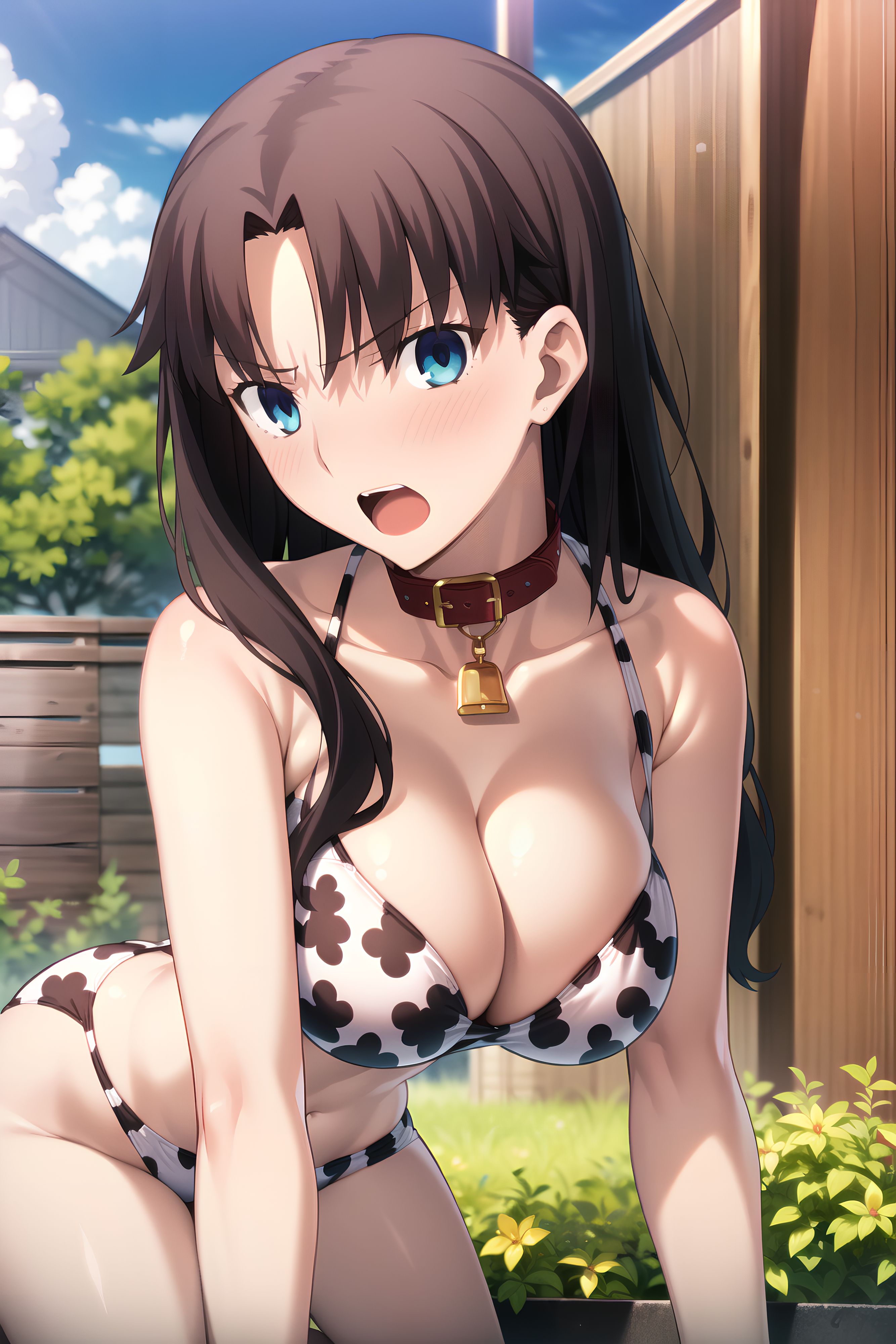 ai generated, balls, bikini, bondage, breasts, brown hair, collar, cow costume, cow print, cow print bikini, fate (series), fate/grand order, female, imminent fellatio, imminent oral, ishtar (fate/grand order), large breasts, long hair, male, male pov, nai diffusion, open mouth, penis, pov, red eyes, stable diffusion, testicles, tohsaka rin, tongue, tongue out, twintails, you