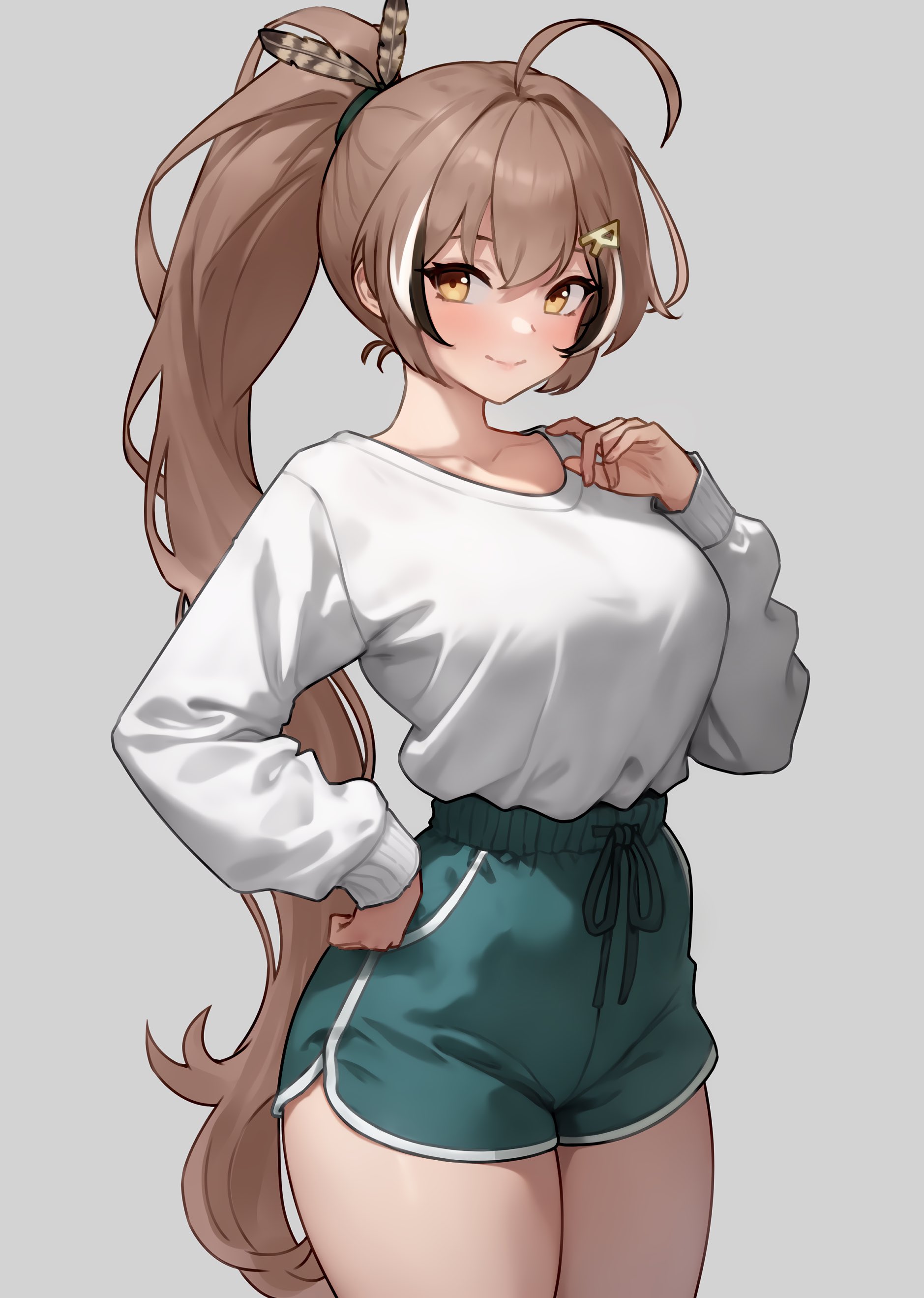 1girls, ahoge, bluefield, booty shorts, breasts, brown eyes, brown hair, clothed, dolphin shorts, female, higher resolution available, hololive, hololive english, hololive english -council-, hololive english -promise-, large breasts, light skin, light-skinned female, long hair, nanashi mumei, ponytail, short shorts, shorts, simple background, smile, thick thighs, virtual youtuber
