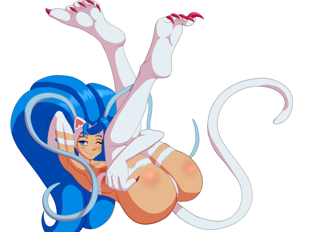 1girls 2016 ass blue_eyes blue_hair blush breasts capcom cat_ears cat_tail catgirl claws darkstalkers fangs feet felicia_(darkstalkers) feline female female_only pose reclining ryujisama solo solo_female tail vampire_(game) white_background white_fur wink