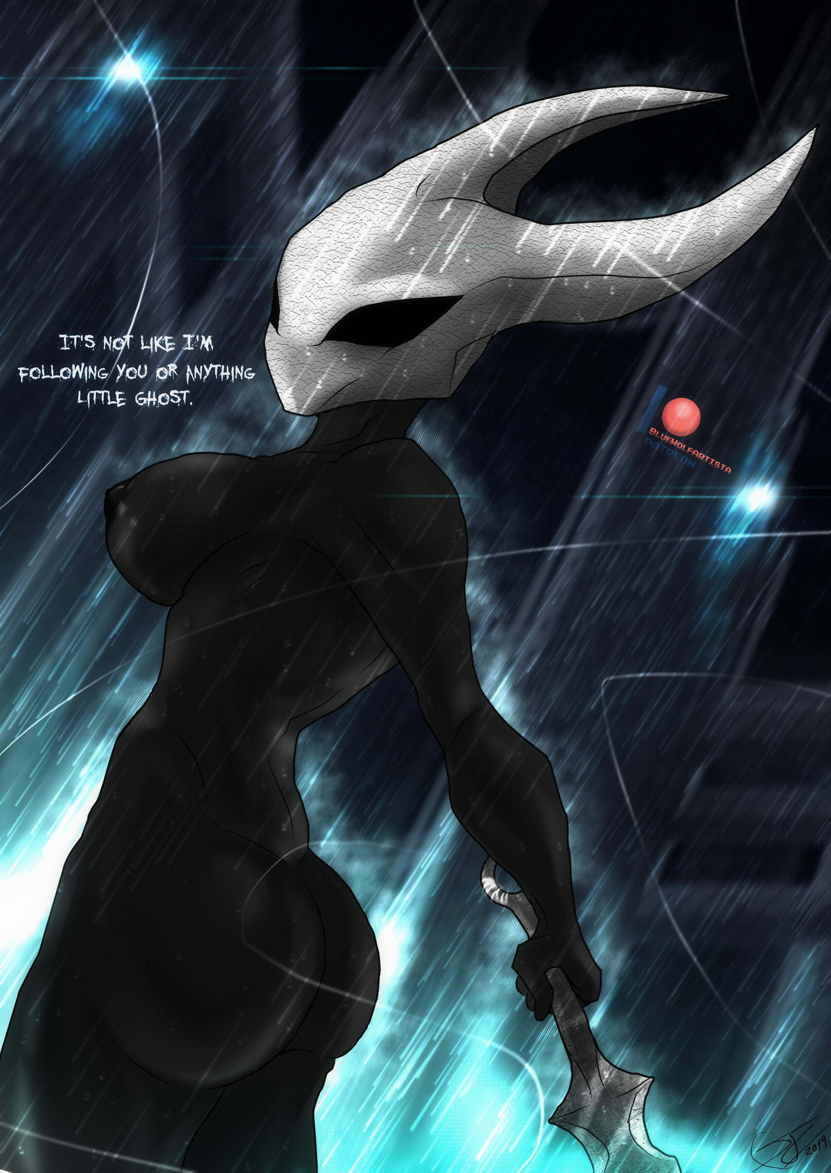1girls, anthro, ass, black body, black skin, bluewolfartista, breasts, detailed background, dialogue, english text, female, female focus, female only, hollow knight, hornet (hollow knight), horns, insects, nipples, rain, solo, solo female, text, weapon