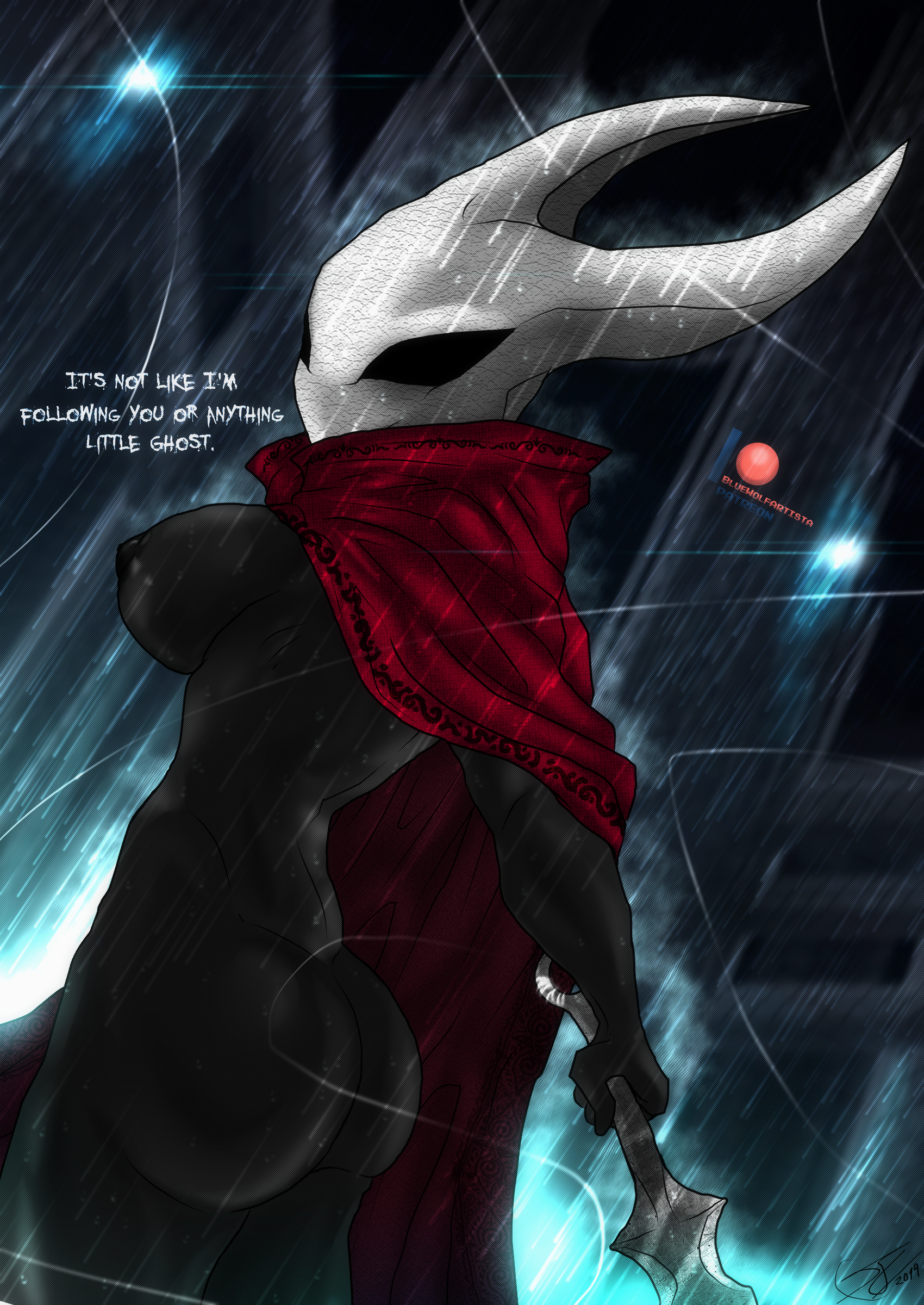1girls, anthro, ass, black body, bluewolfartista, breasts, cape, detailed background, dialogue, english text, female, female focus, female only, hollow knight, hornet (hollow knight), horns, insect, nipples, rain, solo, solo female, text, weapon