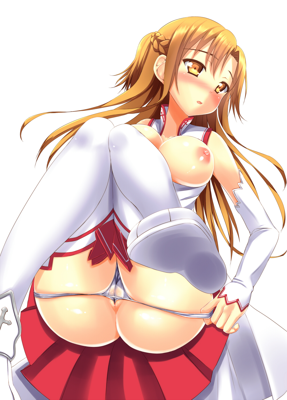 :o, bare shoulders, blush, breasts, brown eyes, brown hair, detached sleeves, female, highres, large breasts, long hair, long legs, nipples, panties, panty pull, simple background, skirt, solo, sword art online, thighhighs, tokyo yamane, underwear, white background, white legwear, white panties, yuuki asuna