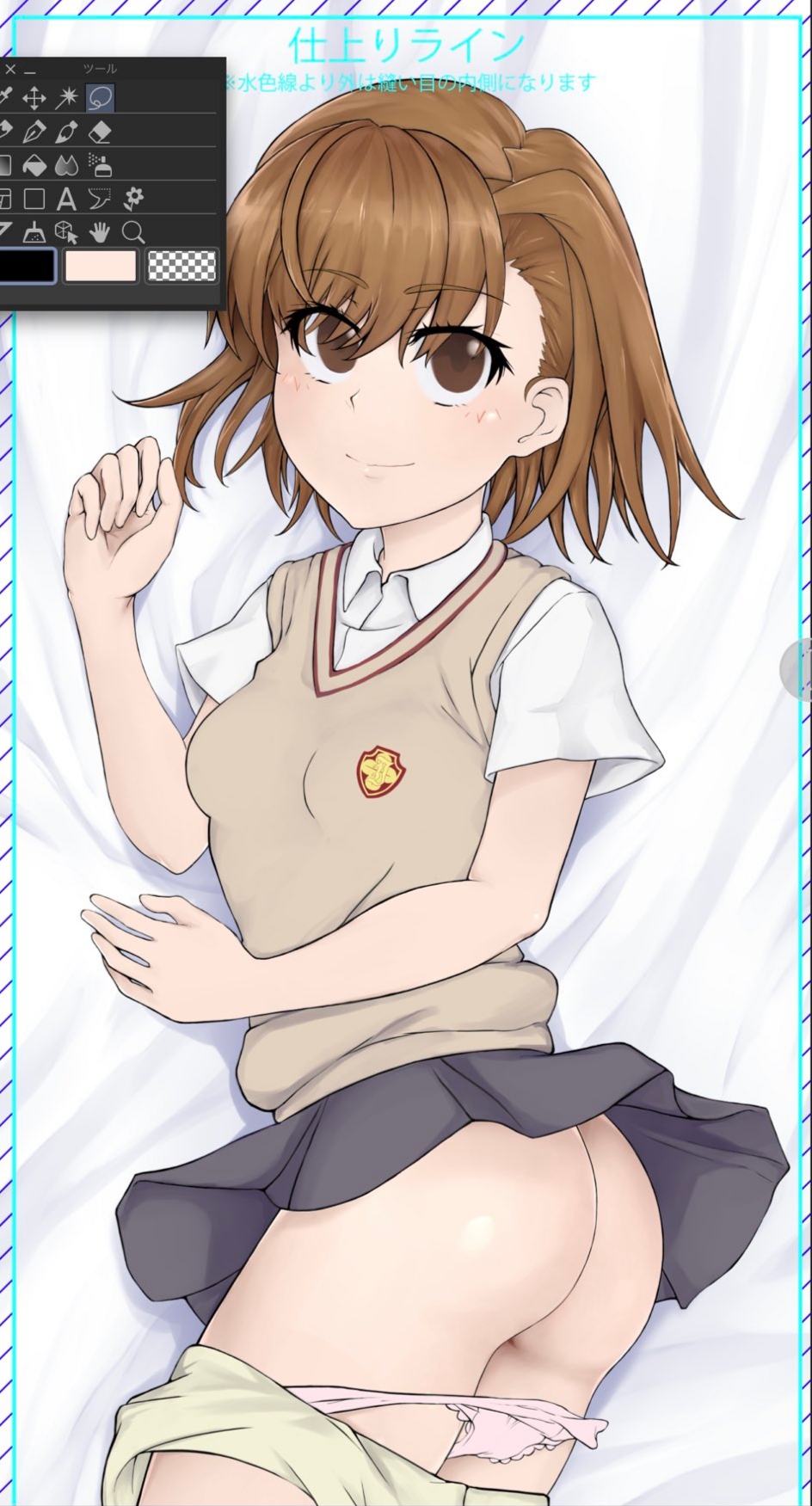 1girls 2020s 2022 ass bare_ass bed_sheet blush bottomless brown_eyes brown_hair clothes_pull dakimakura female hi_res looking_at_viewer lying matching_hair/eyes miniskirt misaka_mikoto ogiminami on_side panties panties_around_thighs panty_pull pink_panties school_uniform schoolgirl short_hair shorts shorts_pull skirt skirt_lift smile solo teenage_girl teenager thick_thighs thighs to_aru_kagaku_no_railgun to_aru_majutsu_no_index tokiwadai_school_uniform underwear young