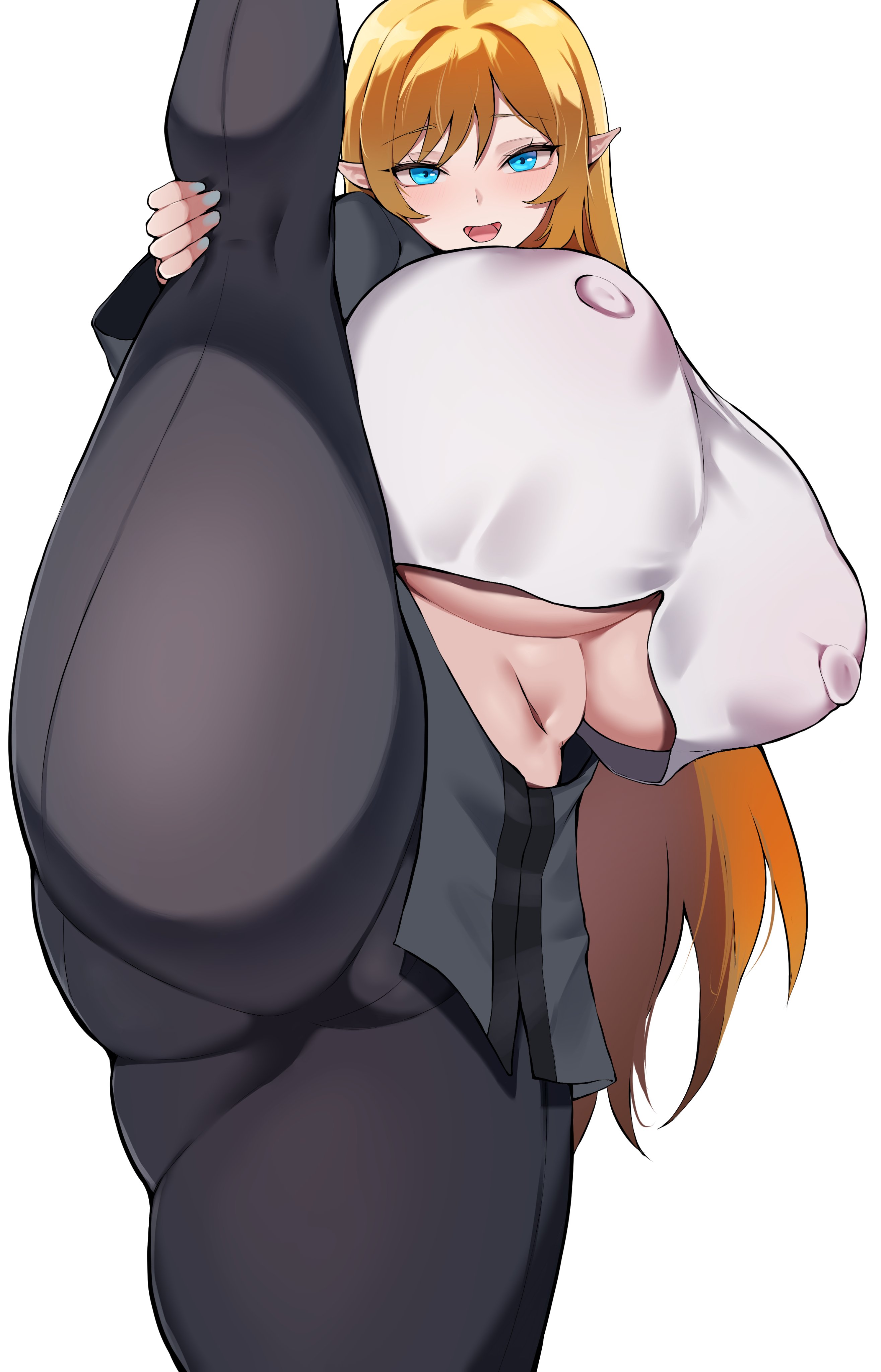 1girls, areola bulge, big breasts, big thighs, blonde hair, blue eyes, breasts, busty, clothing, commission, curvy, female, female only, gigantic breasts, huge breasts, huge thighs, large breasts, large thighs, long hair, massive breasts, navel, nipple bulge, solo, solo female, standing on one leg, thick thighs, thighs, tiger drop, voluptuous, white background