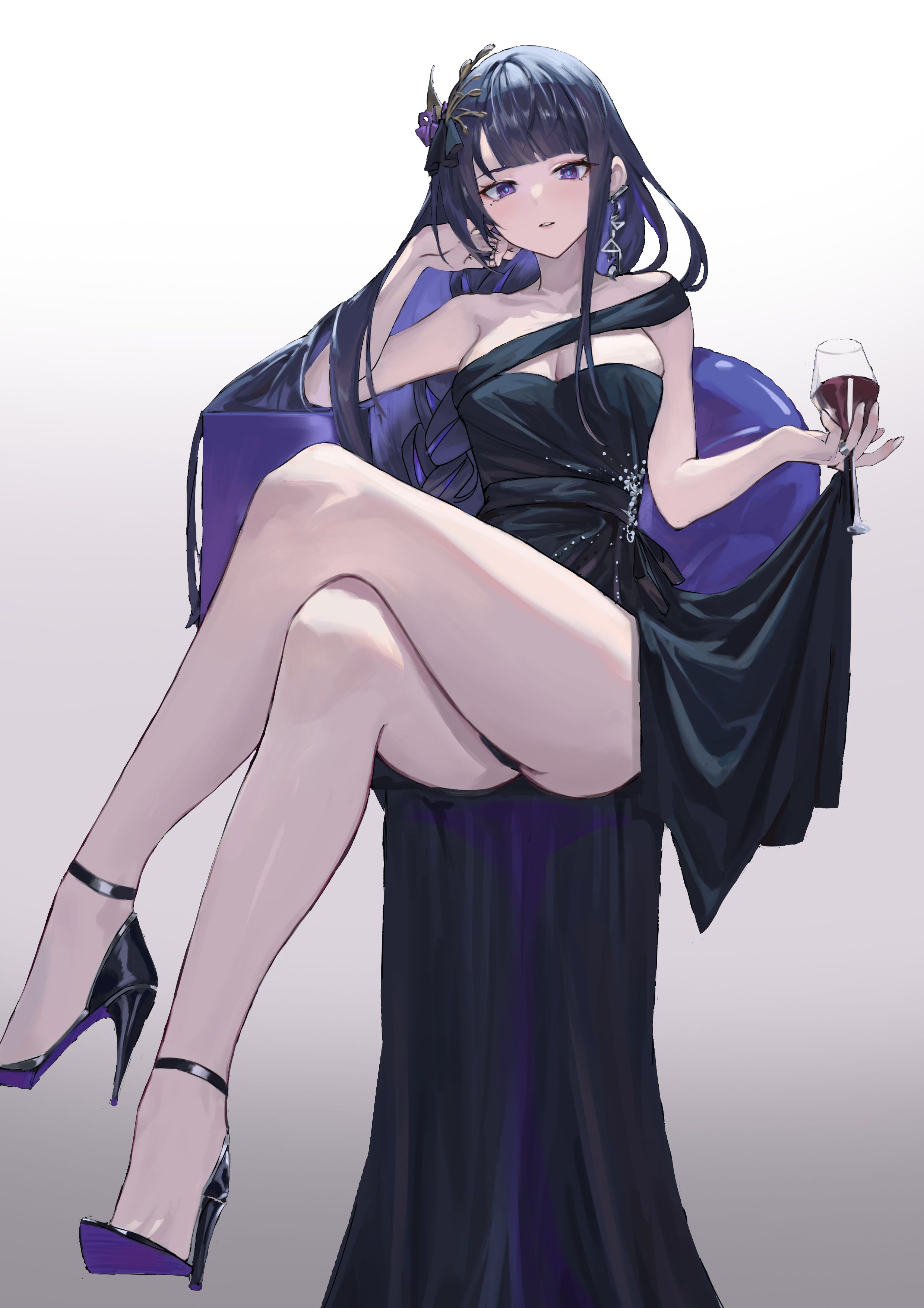 1girls, ass, black dress, female, genshin impact, long legs, purple eyes, purple hair, raiden shogun, thighs