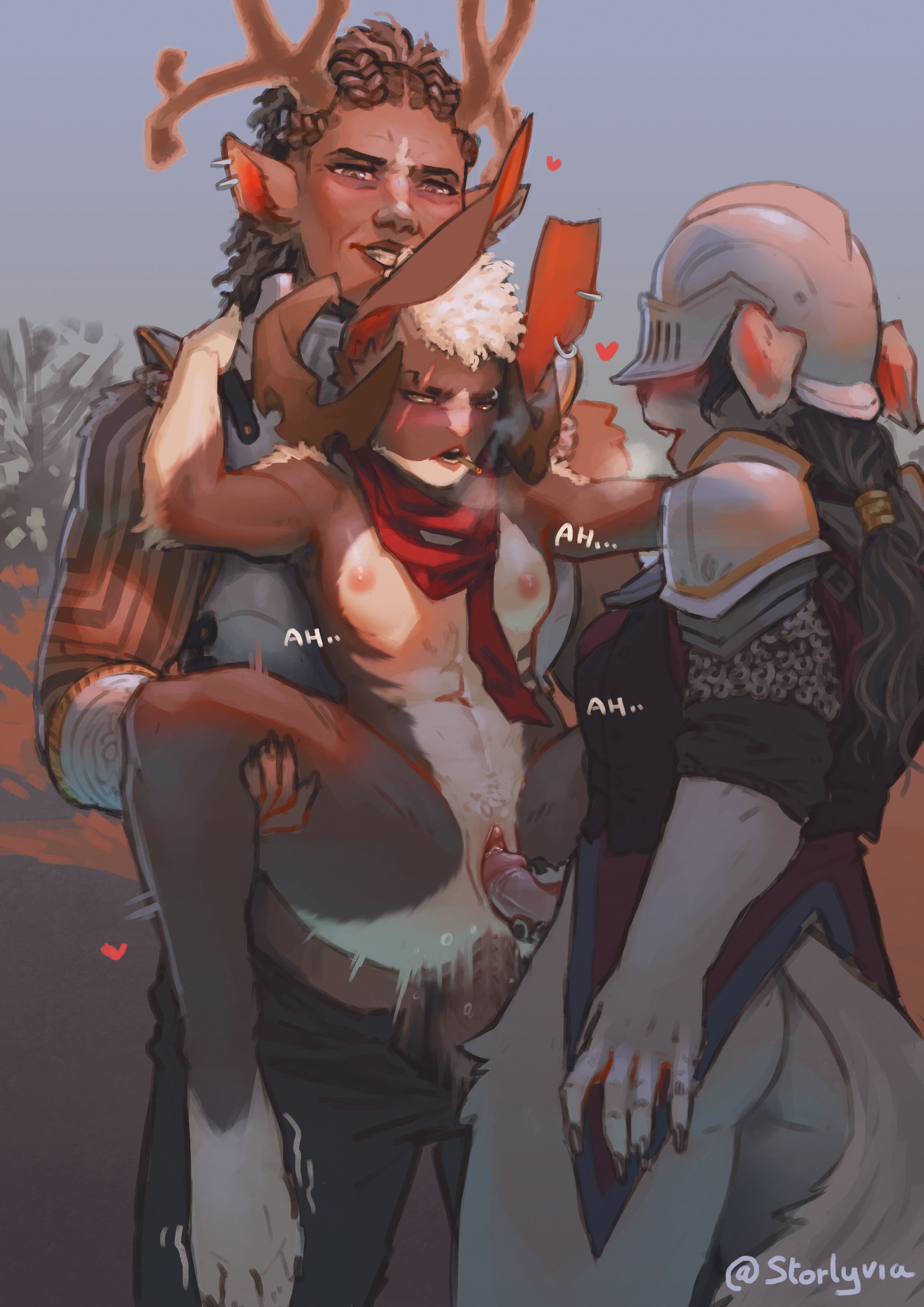 2d, 2d (artwork), 2futas, 3girls, anal, anthro, anthro on anthro, anthro only, armor, bigger futa, breasts, bunny, bunny ears, canine, dog ears, dog tail, double penetration, female, female focus, full nelson (legs held), furry, futa on female, futa penetrating, futanari, hareley, helmet over eyes, holding legs, intersex, kinktober, knight, mature female, milf, outside, outside sex, pussy, reindeer, sex, small breasts, smoking, starlyve, threesome, vaginal penetration