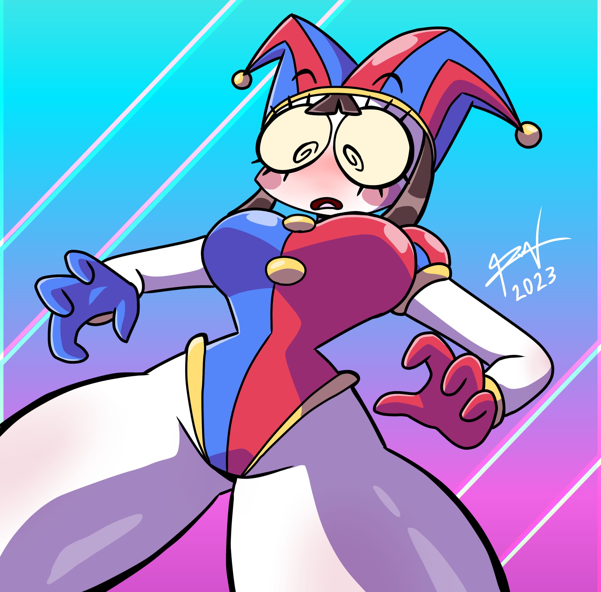 2023, 2d, 2d (artwork), 2d artwork, artist request, big thighs, blush, breasts, brown hair, female, glitch productions, gloves, gooseworx, jester costume, jester hat, jester outfit, looking down, medium breasts, pomni (the amazing digital circus), the amazing digital circus, white body
