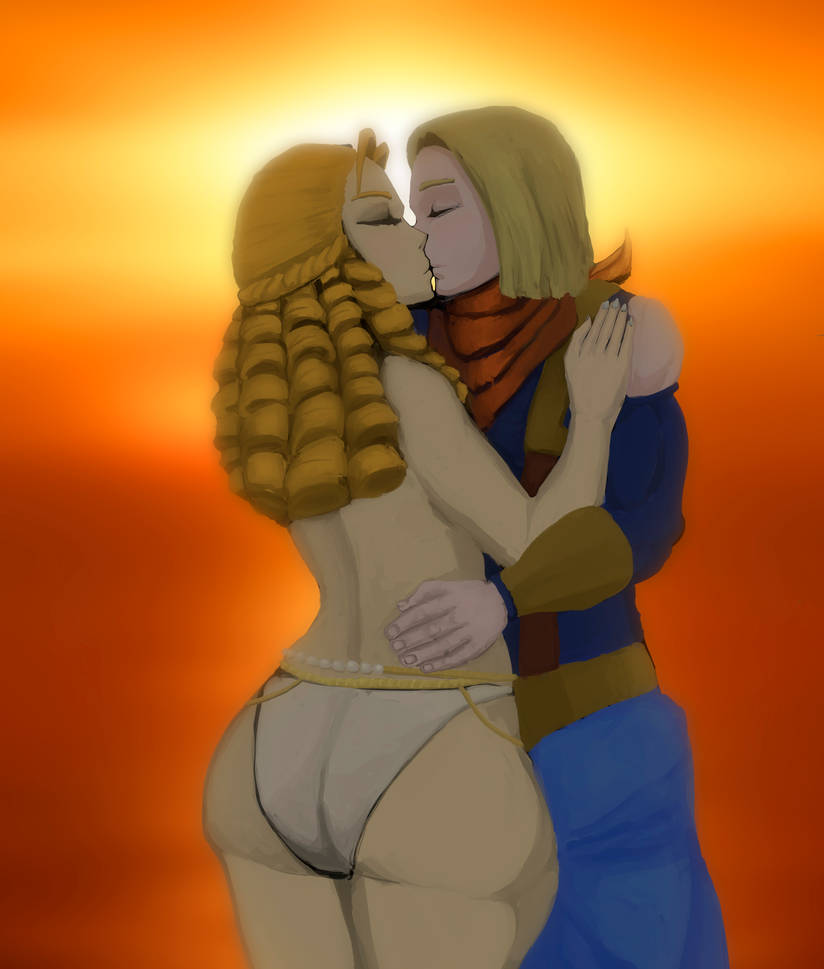 ass blonde_female blonde_hair blonde_hair_female blonde_hair_male capcom closed_eyes karin_kanzuki kissing original_character street_fighter sun sunset swimsuit waist_grab white_nails