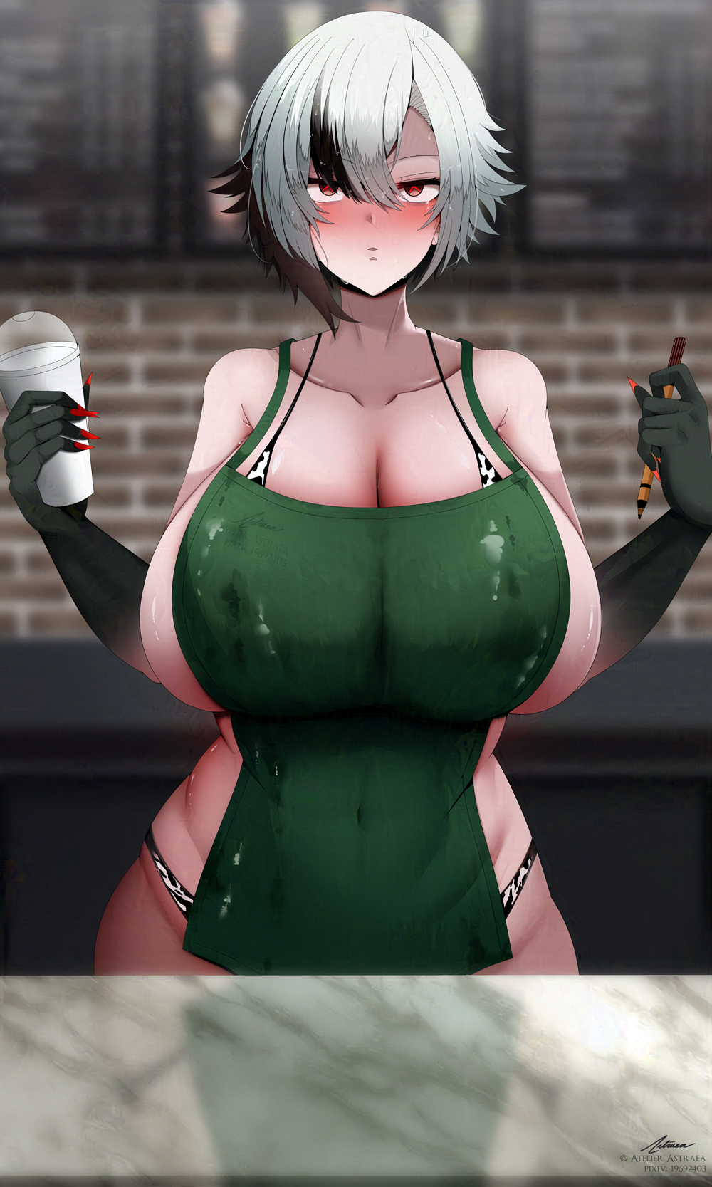 1girls apron apron_only arlecchino_(genshin_impact) astraea_(atelierastraea) breasts cow_print female genshin_impact hi_res huge_breasts iced_latte_with_breast_milk lactating lactation light-skinned_female light_skin milk naked_apron red_eyes short_hair two_tone_hair white_hair x-shaped_pupils