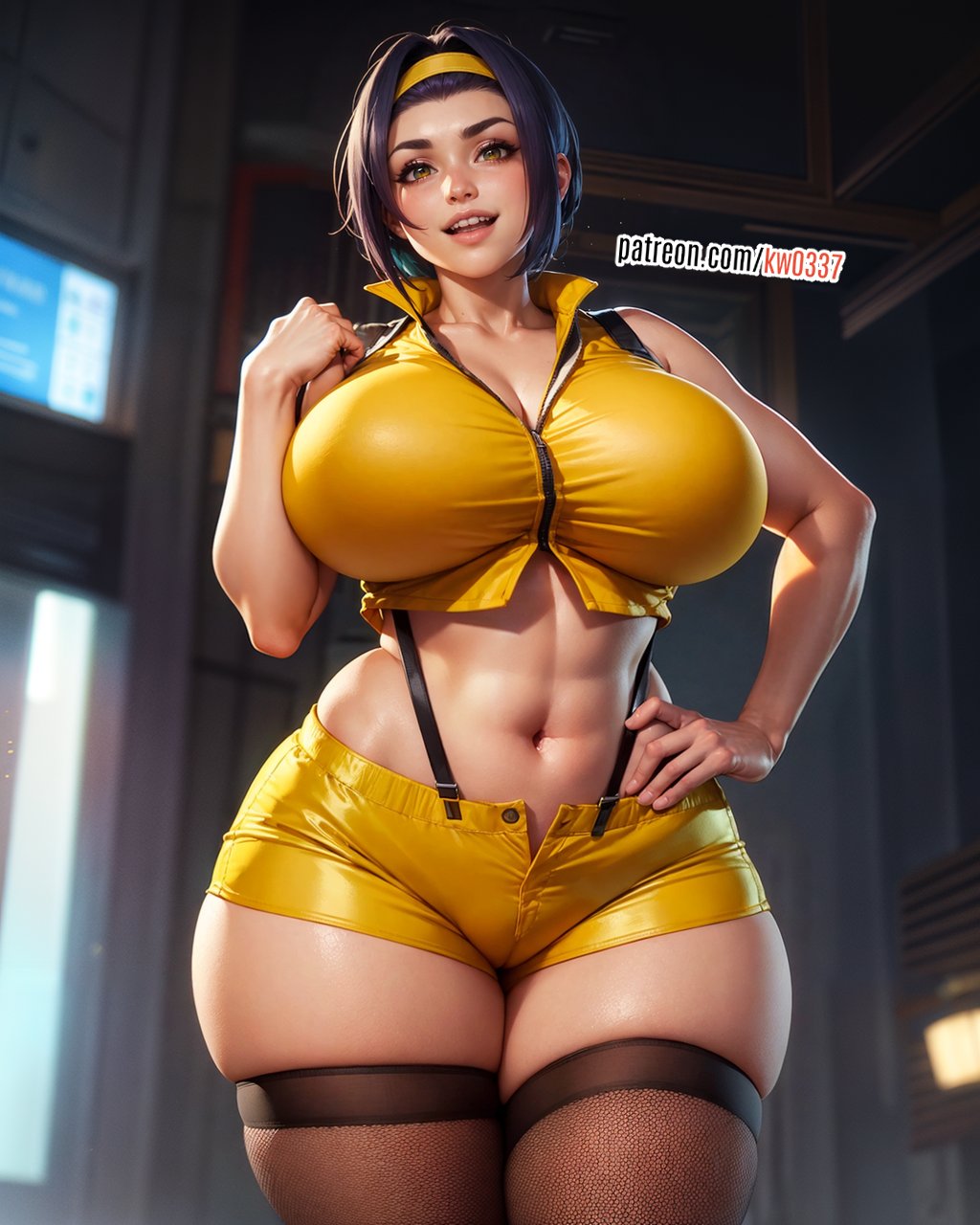 1girls, abs, ai generated, big breasts, breasts, cowboy bebop, faye valentine, female, female only, fishnet legwear, fishnets, hairband, human, kw0337, legwear, light skin, light-skinned female, looking at viewer, midriff, navel, purple hair, short hair, smile, smiling, solo, solo female, solo focus, stockings, thick thighs, thighs