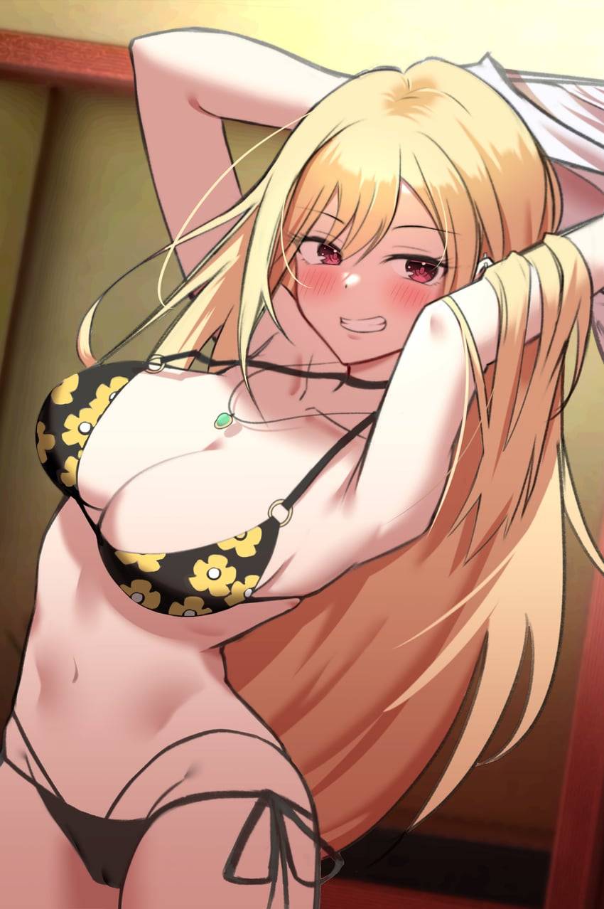 1girls, armpits, arms behind head, artist request, big breasts, bikini, black bikini, blonde hair, breasts, busty, choker, cleavage, female, female only, gyaru, hi res, jewelry, kitagawa marin, large breasts, legs, looking at viewer, necklace, pink eyes, pose, posing, sexy armpits, smile, solo, sono bisque doll wa koi wo suru, swimsuit, thighs
