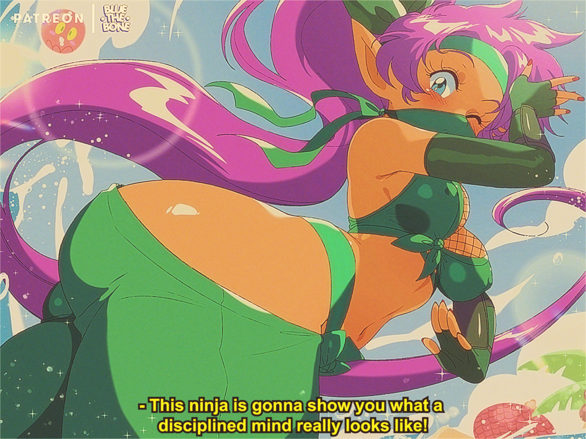 1girls, ass, bluethebone, english text, female, female only, fully clothed, ninja, ninja mask, shantae, shantae (character), solo, tagme, text