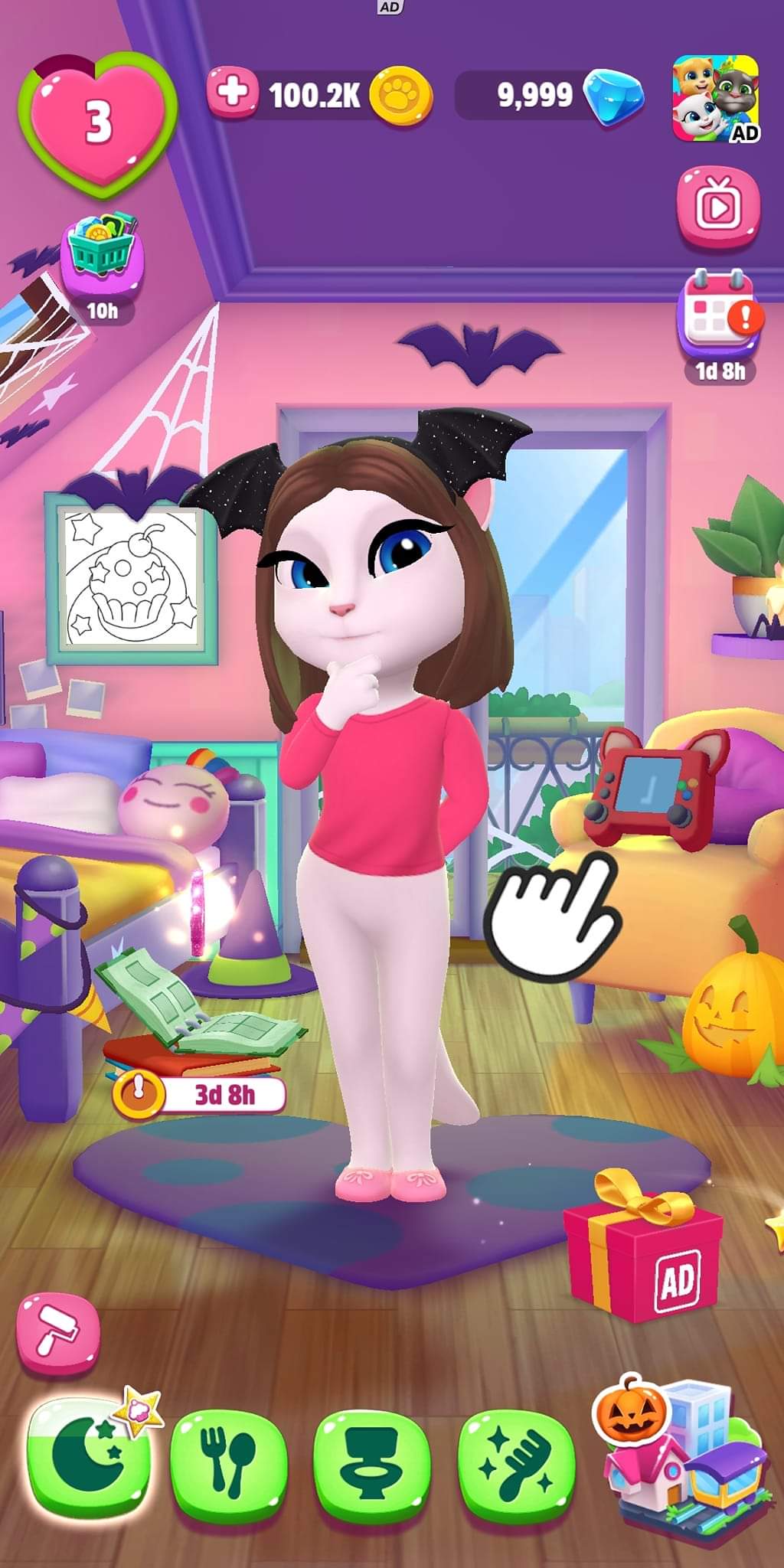 blue_eyes no_underwear pink_background shirt_only tail talking_angela