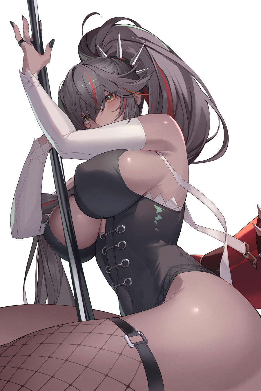 1girls, alternate breast size, alternate costume, alternate hairstyle, amber eyes, armpits, ass, big ass, big breasts, big thighs, breasts, busty, cleavage, clothing, dark skin, dark-skinned female, female, fishnet legwear, fishnets, genshin impact, highres, kaneko (bblogtinhan), large ass, large breasts, leotard, looking at viewer, ponytail, sideboob, simple background, spikes, thick thighs, thighs, voluptuous, white background, xinyan (genshin impact)