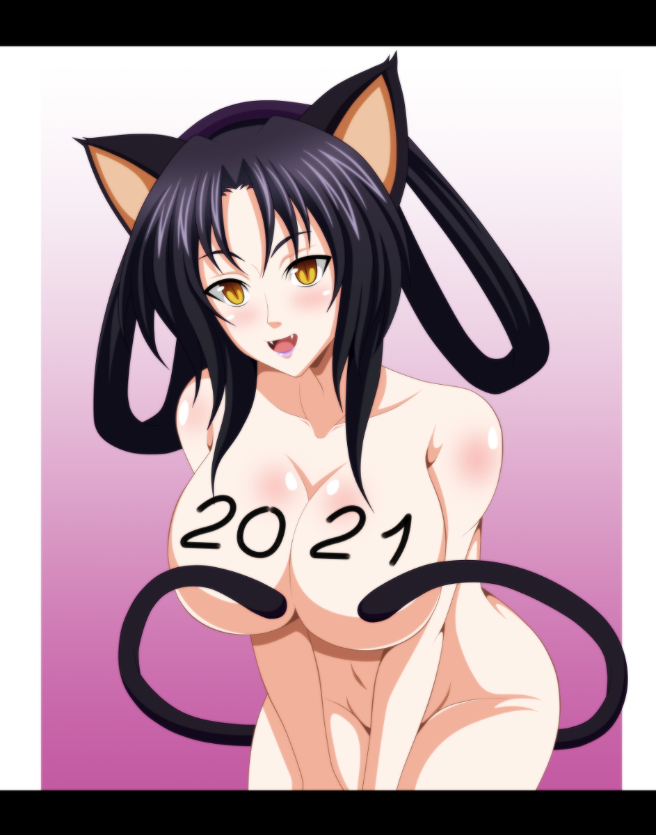 black_hair breasts cat_ears cat_girl cat_tail convenient_censoring fangs high_school_dxd huge_breasts kuroka_(high_school_dxd) large_breasts leaning_forward lipstick multiple_tails navel open_mouth reiichiart smile writing yellow_eyes