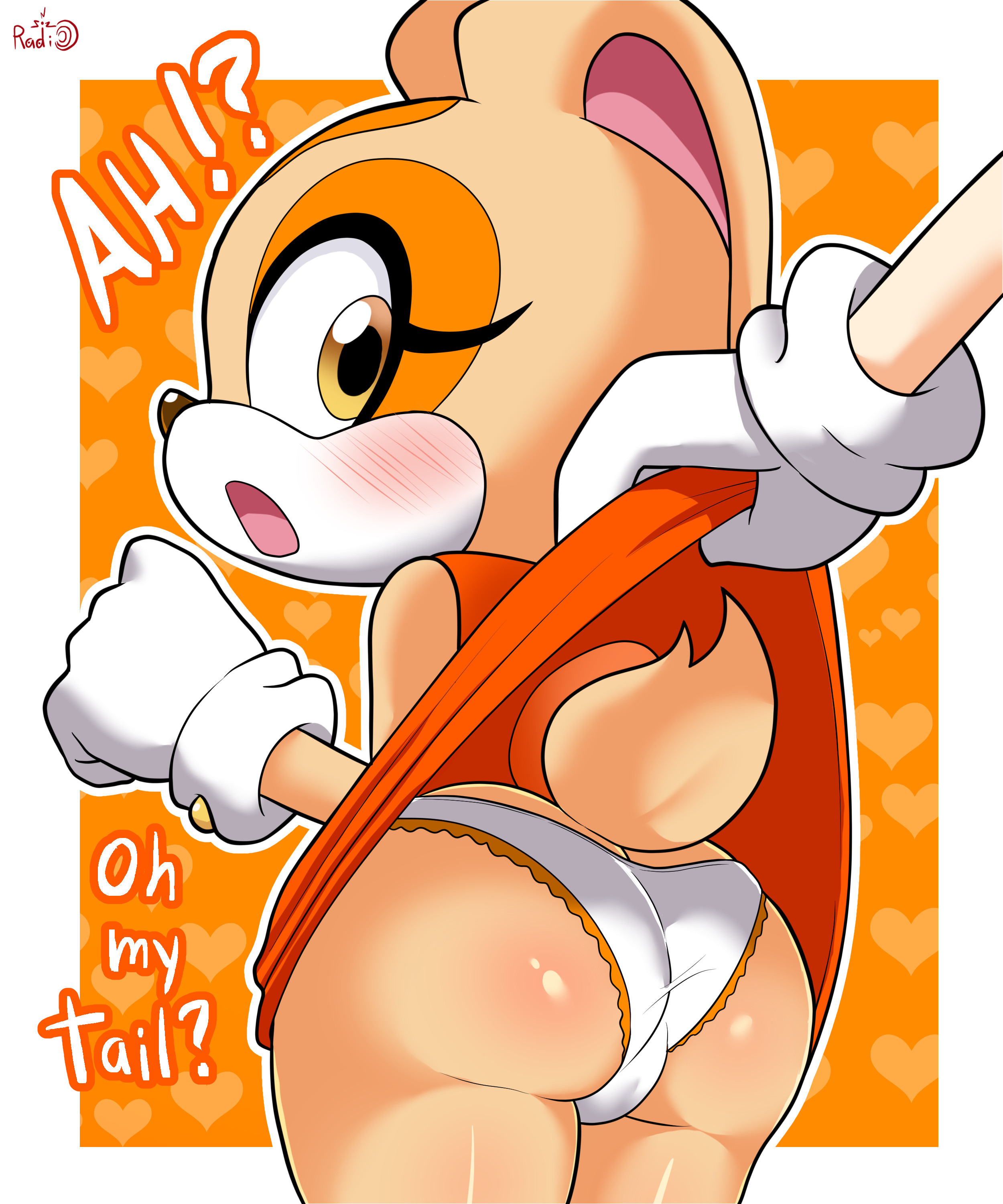 1girls, 2020s, 2023, absurd res, anthro, artist name, ass, bare shoulders, bare thighs, big ass, blush, bubble ass, bubble butt, cream the rabbit, cub, dress, dress lift, english text, eyelashes, female, from behind, furry, furry female, gloves, heart background, hi res, long ears, looking at viewer, looking back, open mouth, orange background, panties, rabbit, rabbit ears, rabbit tail, radio sylent, round ass, sega, solo, sonic (series), sonic the hedgehog (series), standing, tail, thighs, underwear, white border, white gloves, white panties, young